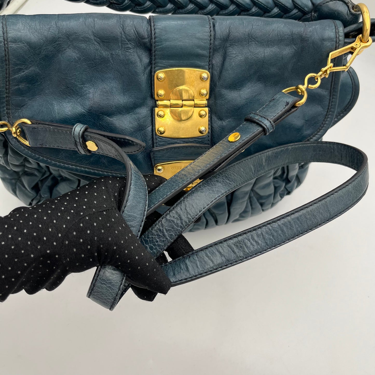 Miu Miu Dark Blue Matelasse Leather Two-Way Bag