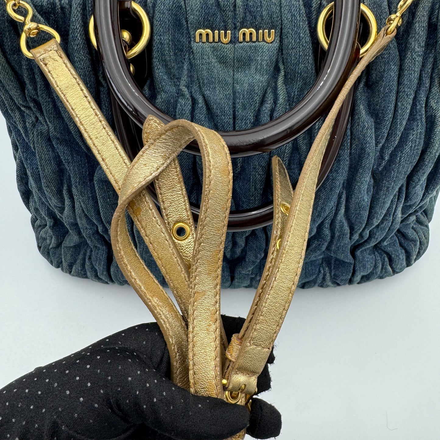 Miu Miu Denim Matelasse Brown Acrylic Handle Two-Way Bag
