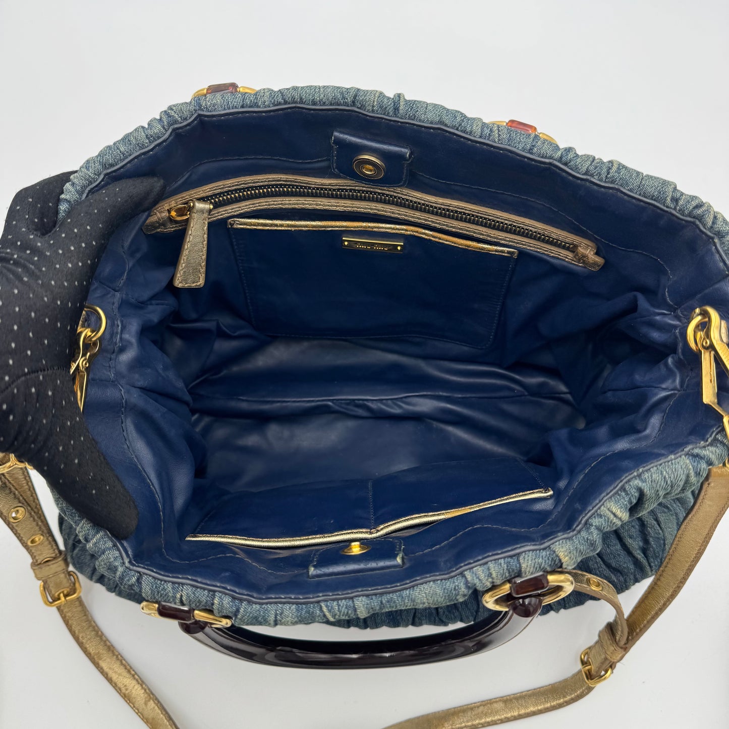 Miu Miu Denim Matelasse Brown Acrylic Handle Two-Way Bag