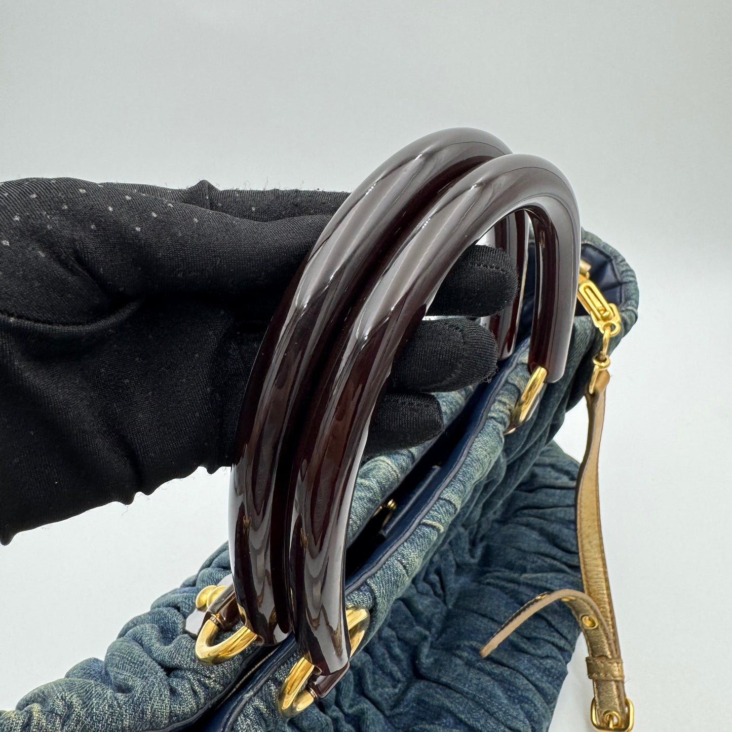 Miu Miu Denim Matelasse Brown Acrylic Handle Two-Way Bag