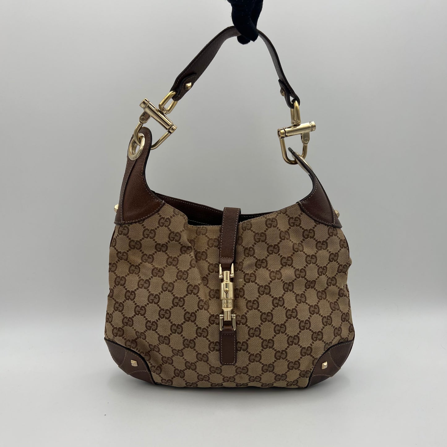 Gucci Brown Monogram Canvas Nailhead Jackie Shoulder Bag