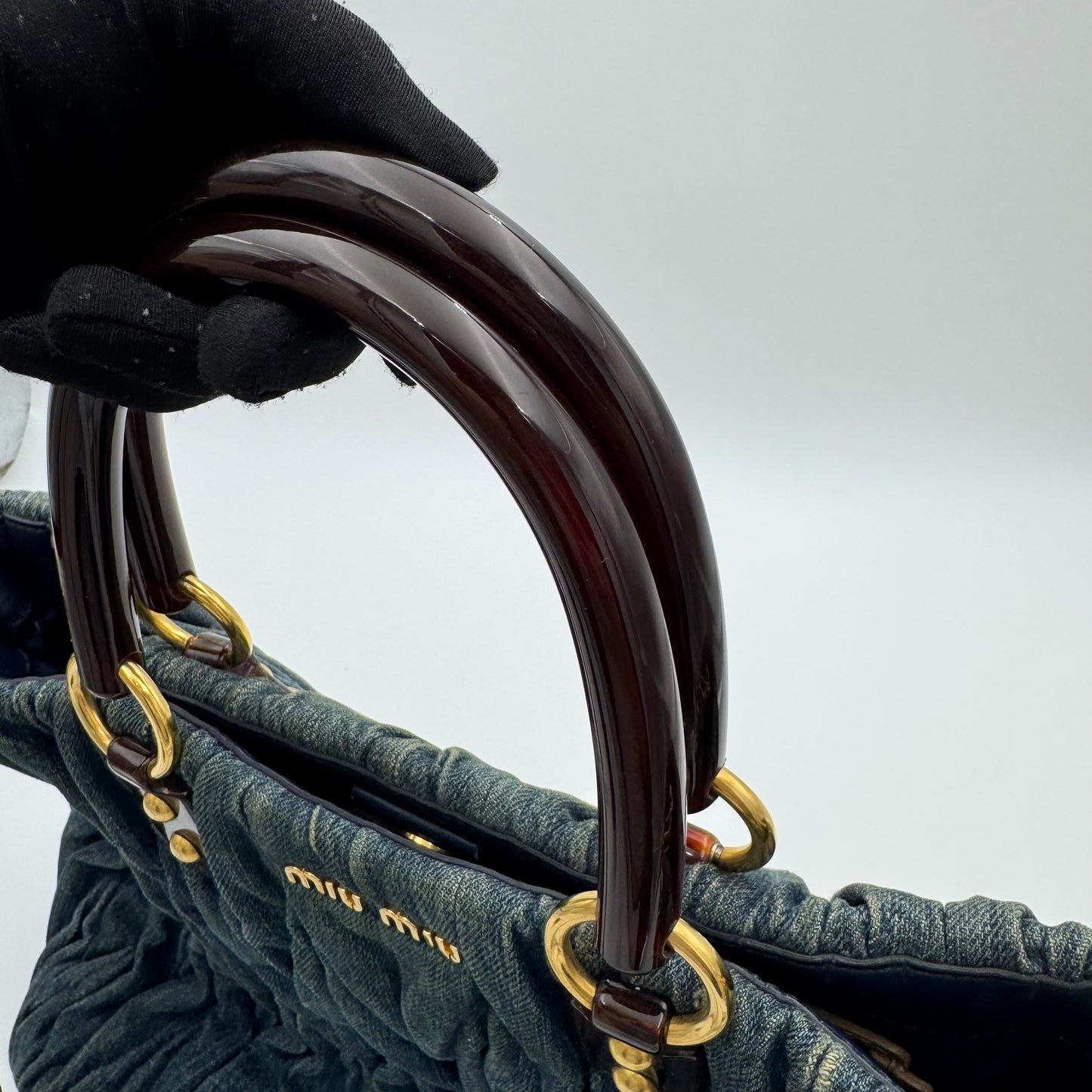 Miu Miu Denim Matelasse Brown Acrylic Handle Two-Way Bag