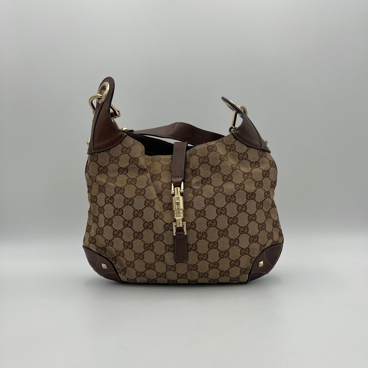 Gucci Brown Monogram Canvas Nailhead Jackie Shoulder Bag