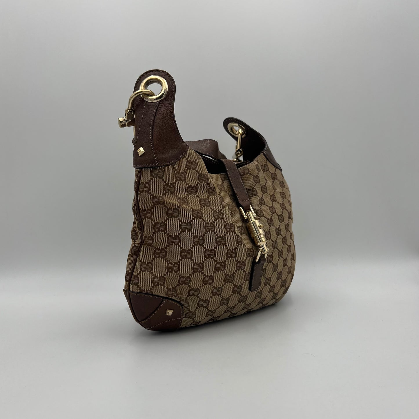 Gucci Brown Monogram Canvas Nailhead Jackie Shoulder Bag