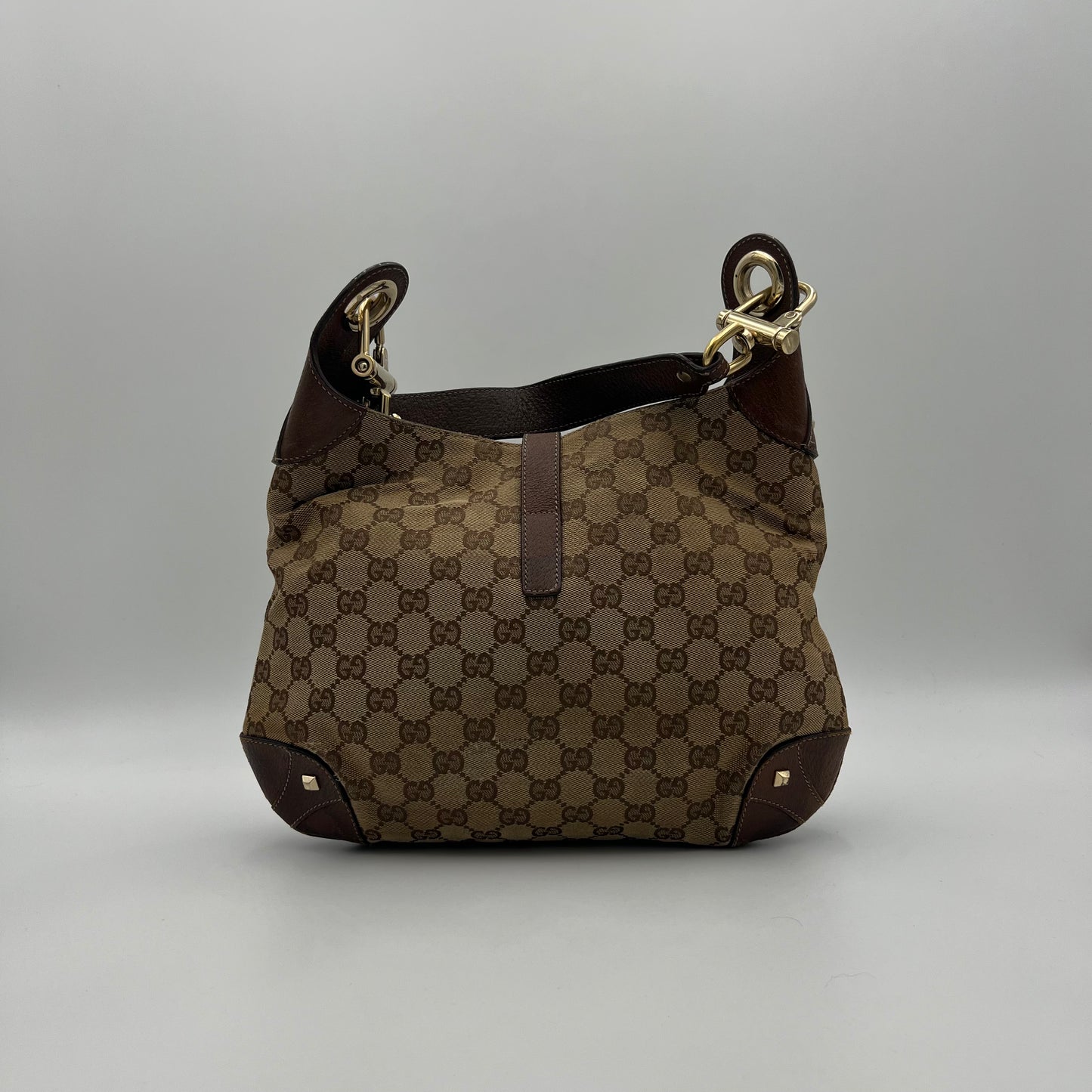 Gucci Brown Monogram Canvas Nailhead Jackie Shoulder Bag