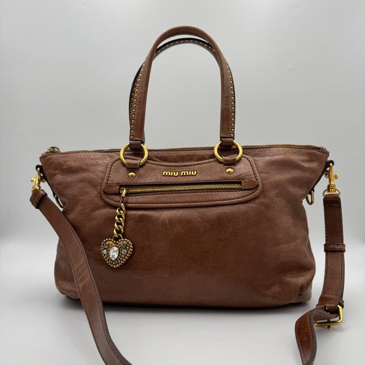 Miu Miu Brown Vitello Lux Leather Studded Heart Charm Large Shoulder Bag