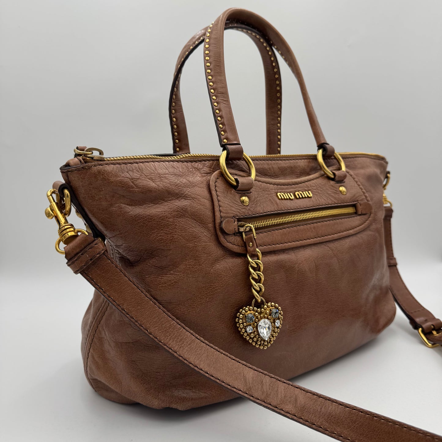 Miu Miu Brown Vitello Lux Leather Studded Heart Charm Large Shoulder Bag