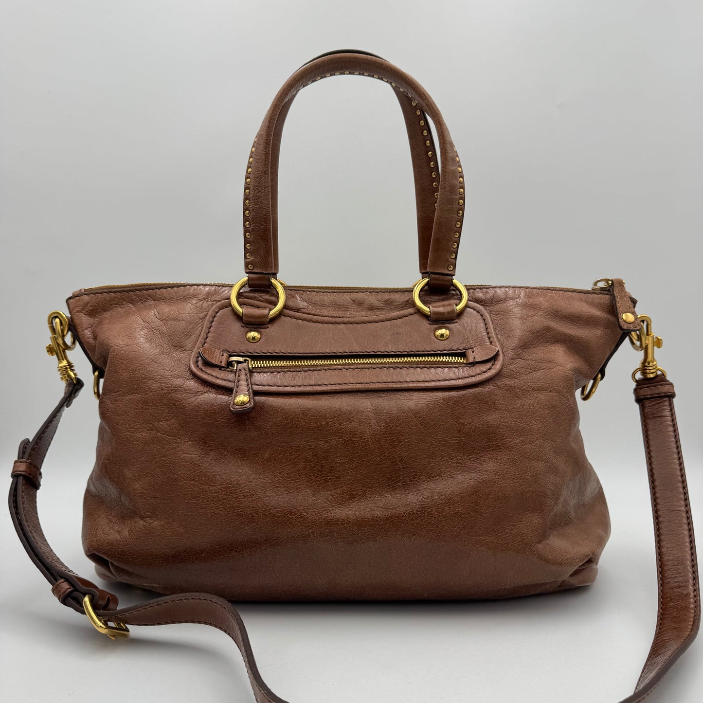 Miu Miu Brown Vitello Lux Leather Studded Heart Charm Large Shoulder Bag