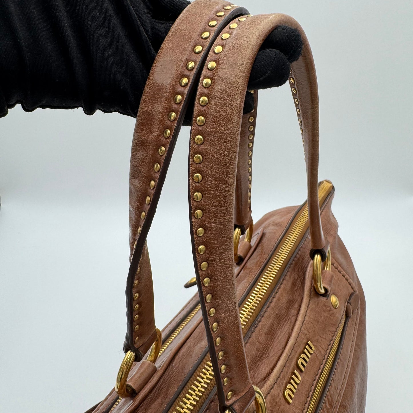 Miu Miu Brown Vitello Lux Leather Studded Heart Charm Large Shoulder Bag