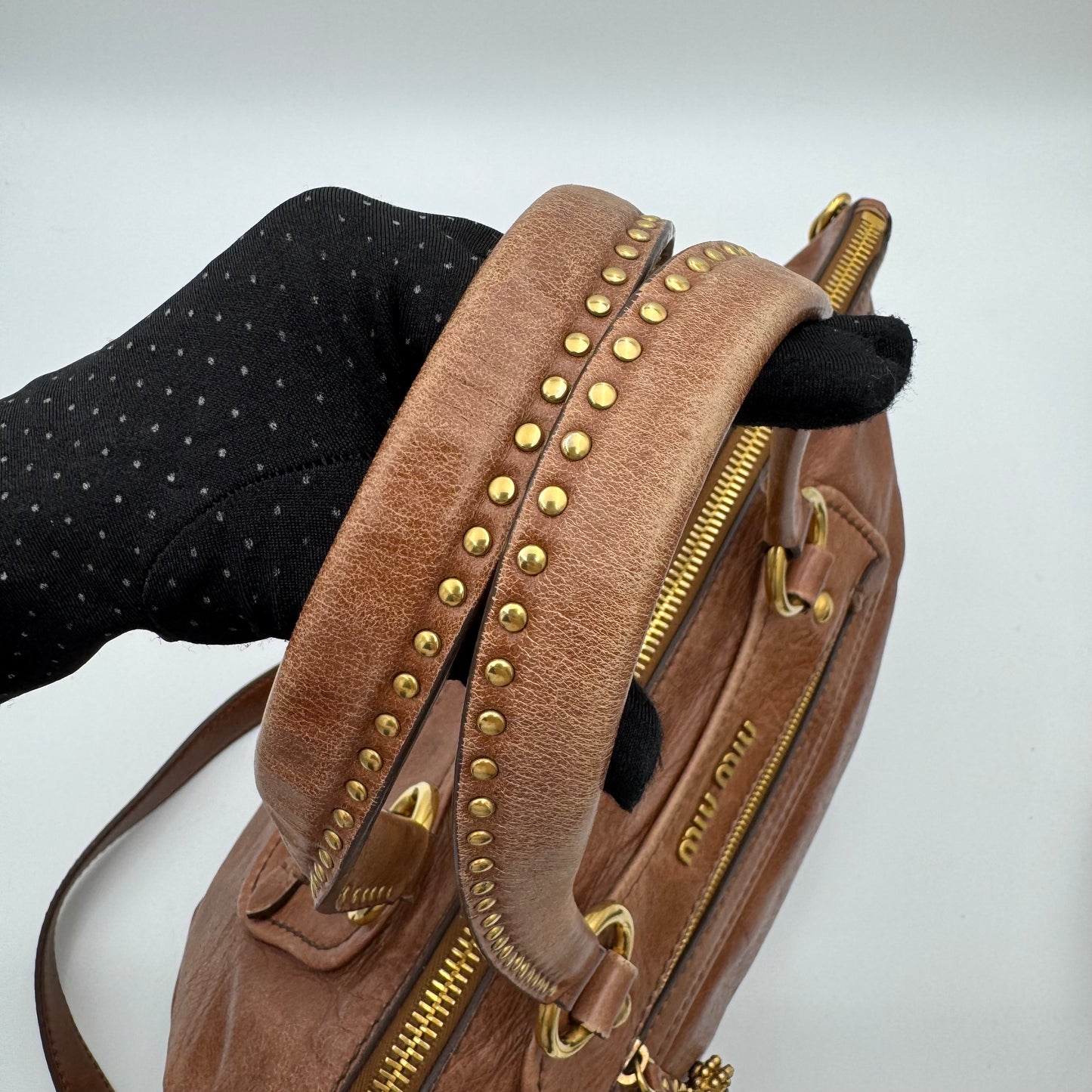 Miu Miu Brown Vitello Lux Leather Studded Heart Charm Large Shoulder Bag