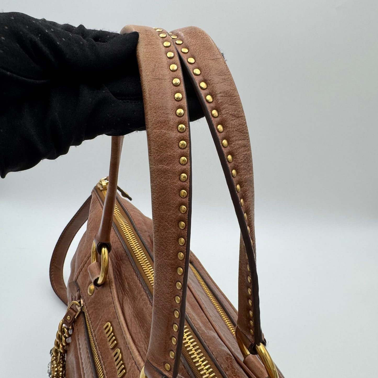 Miu Miu Brown Vitello Lux Leather Studded Heart Charm Large Shoulder Bag