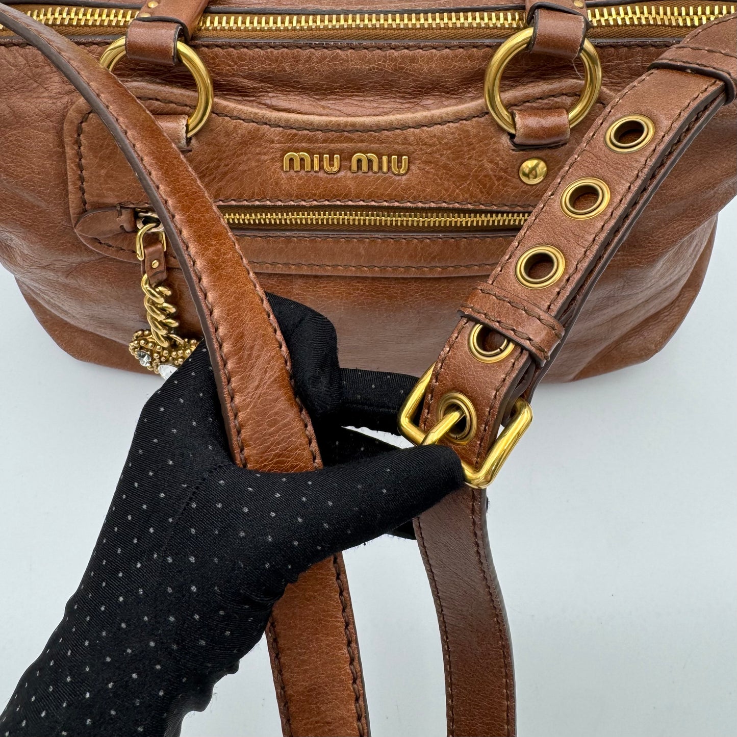 Miu Miu Brown Vitello Lux Leather Studded Heart Charm Large Shoulder Bag