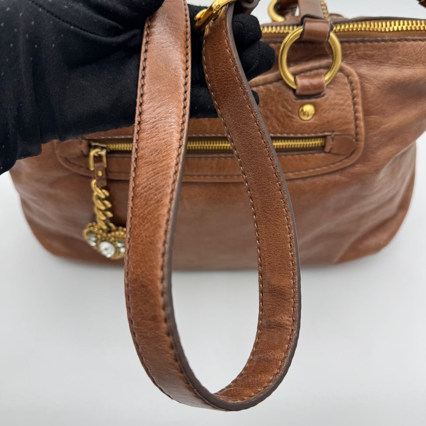 Miu Miu Brown Vitello Lux Leather Studded Heart Charm Large Shoulder Bag