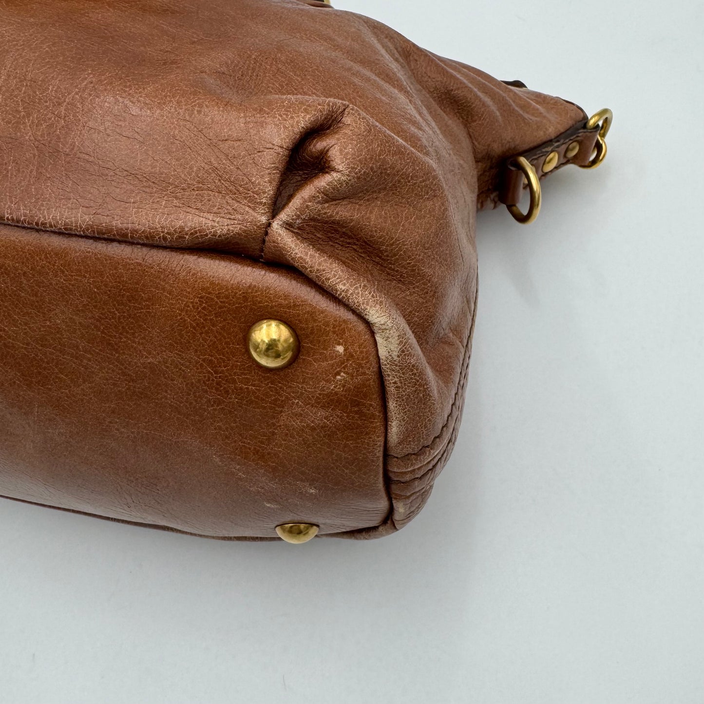 Miu Miu Brown Vitello Lux Leather Studded Heart Charm Large Shoulder Bag