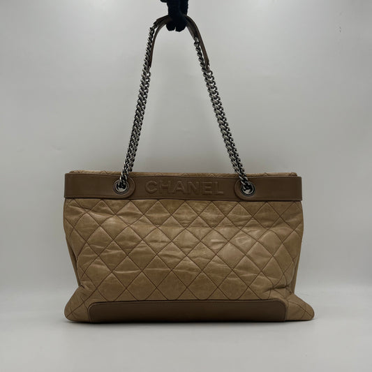 Chanel Beige Quilted Leather Chain Tote Bag