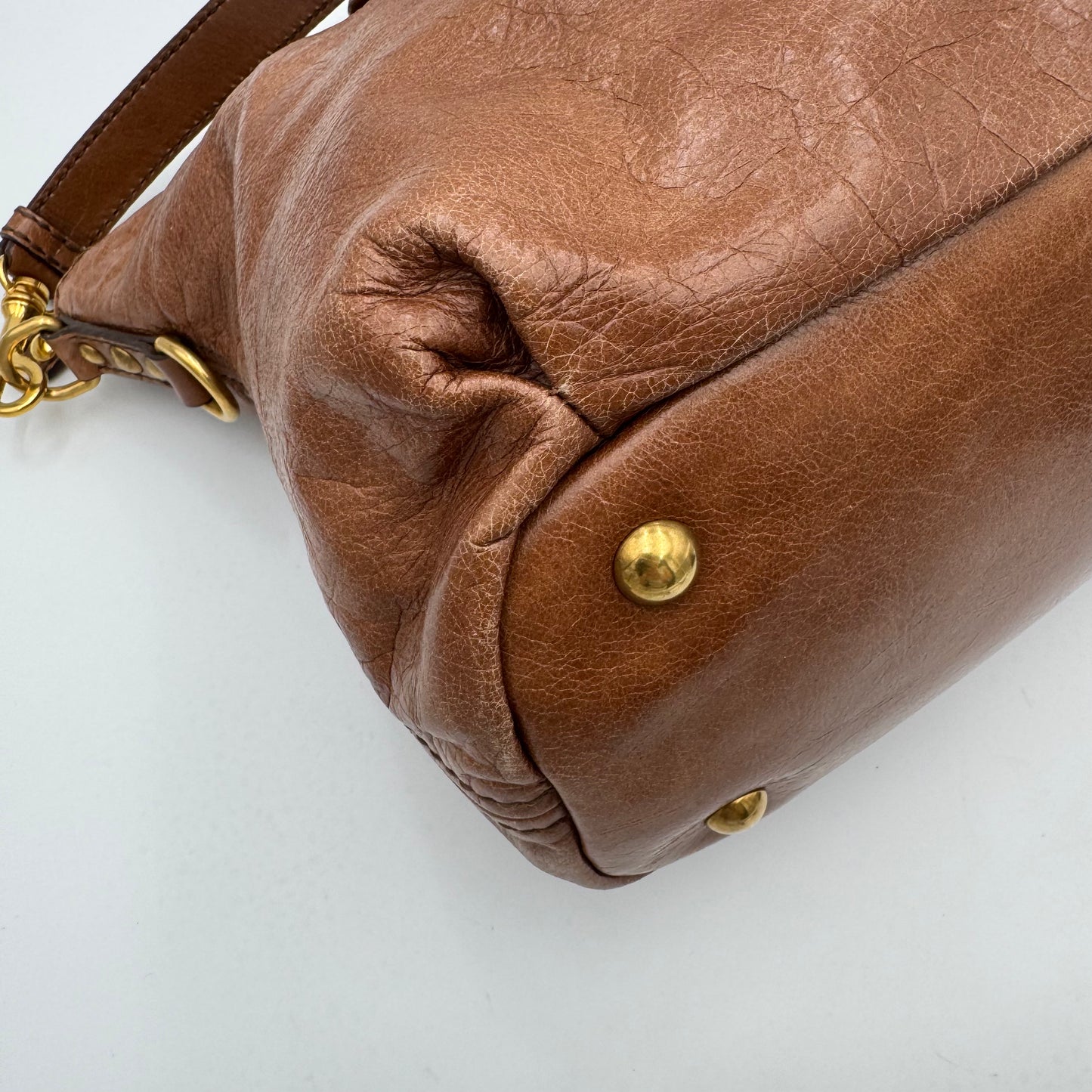 Miu Miu Brown Vitello Lux Leather Studded Heart Charm Large Shoulder Bag