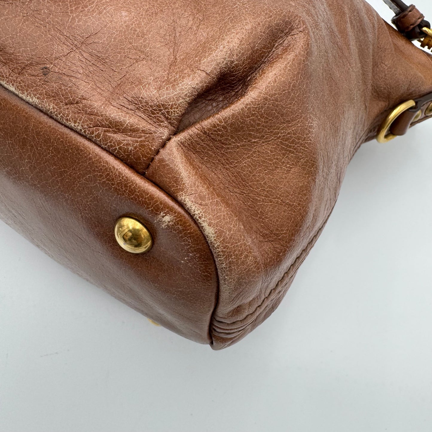 Miu Miu Brown Vitello Lux Leather Studded Heart Charm Large Shoulder Bag