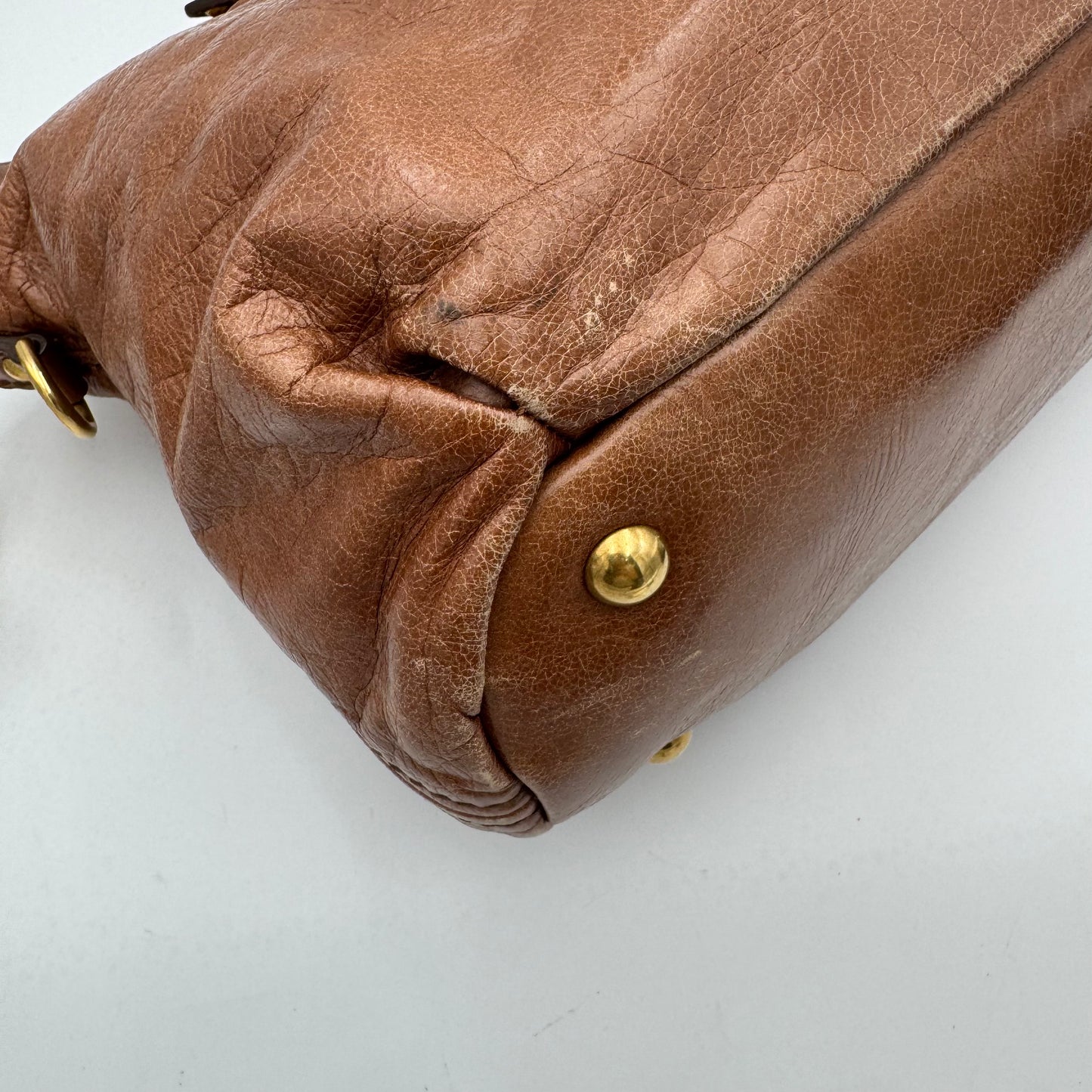 Miu Miu Brown Vitello Lux Leather Studded Heart Charm Large Shoulder Bag