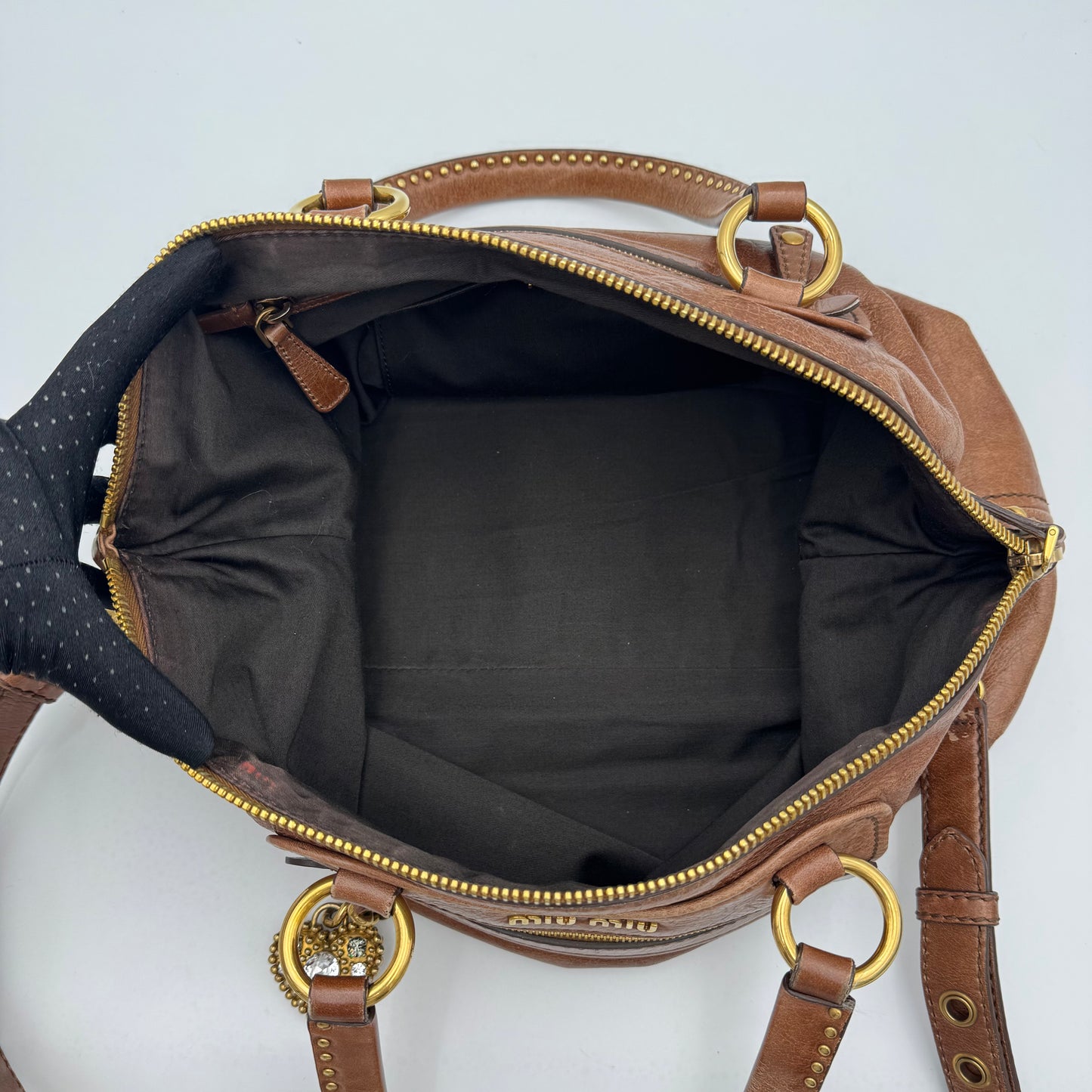Miu Miu Brown Vitello Lux Leather Studded Heart Charm Large Shoulder Bag
