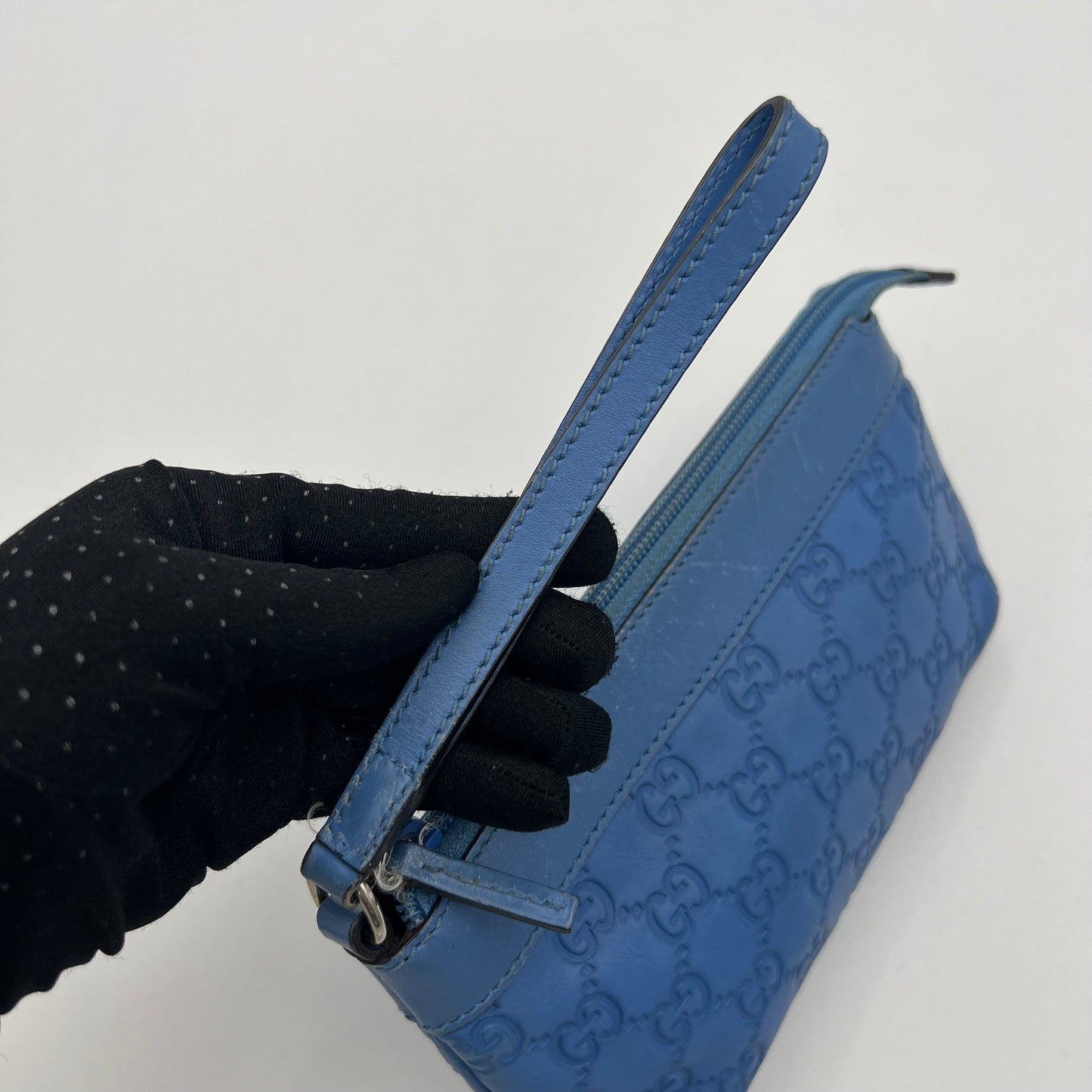 Gucci Blue Guccissima Leather Wristlet Pouch