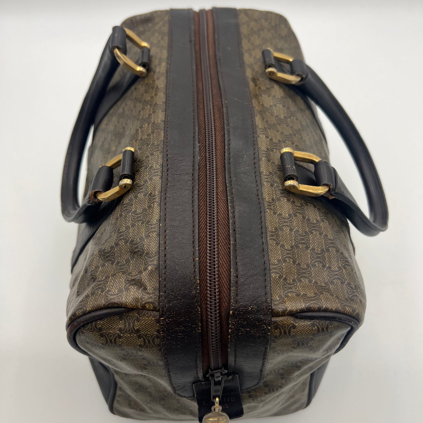 Celine Paris Vintage Brown Macadam PVC and Leather Boston