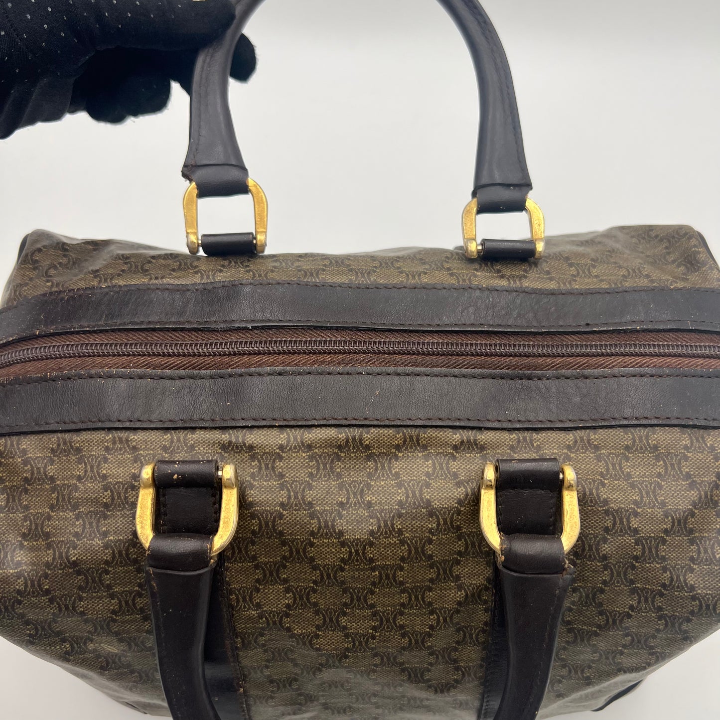 Celine Paris Vintage Brown Macadam PVC and Leather Boston