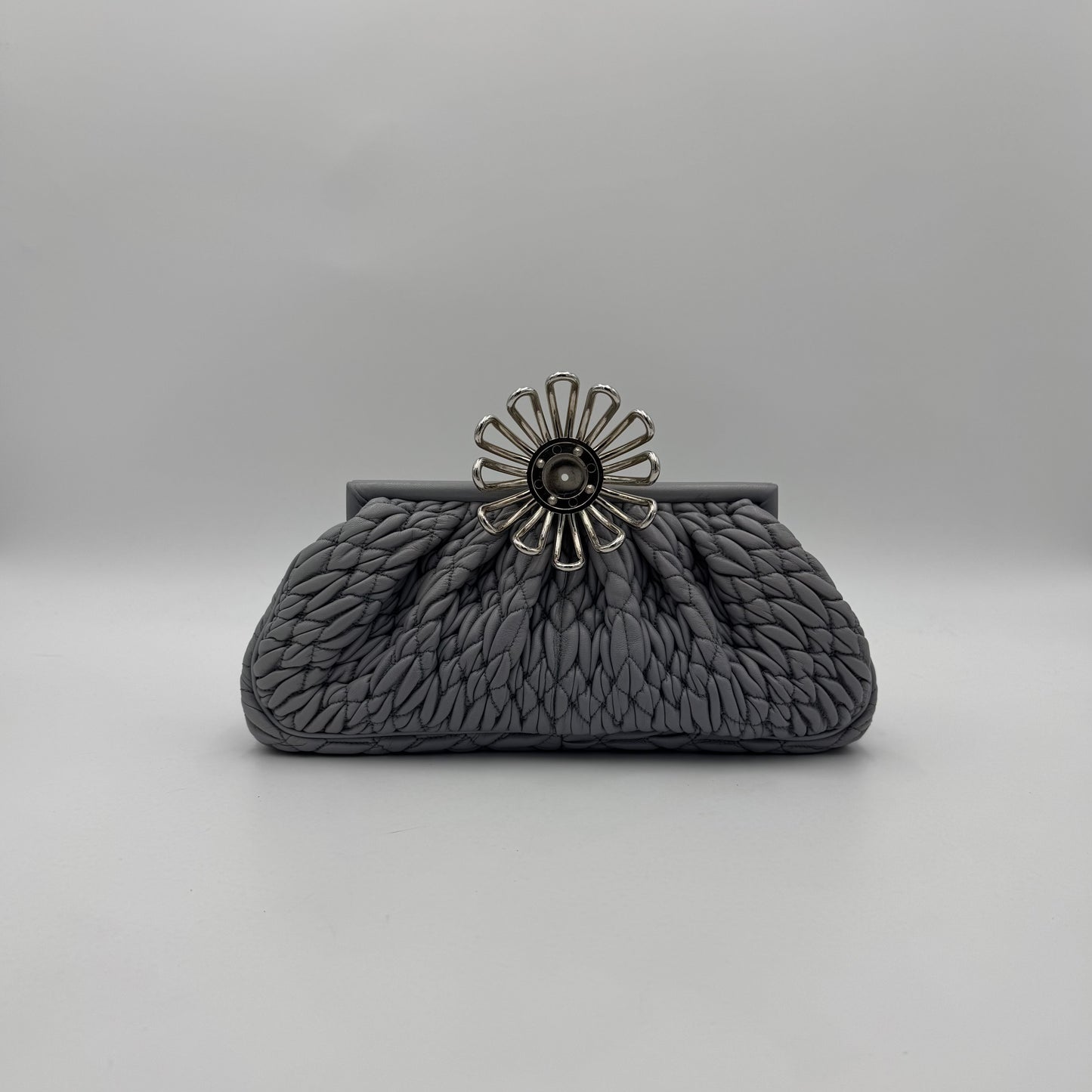 Miu Miu Gray Matelasse Leather Metal Flower Clasp Clutch