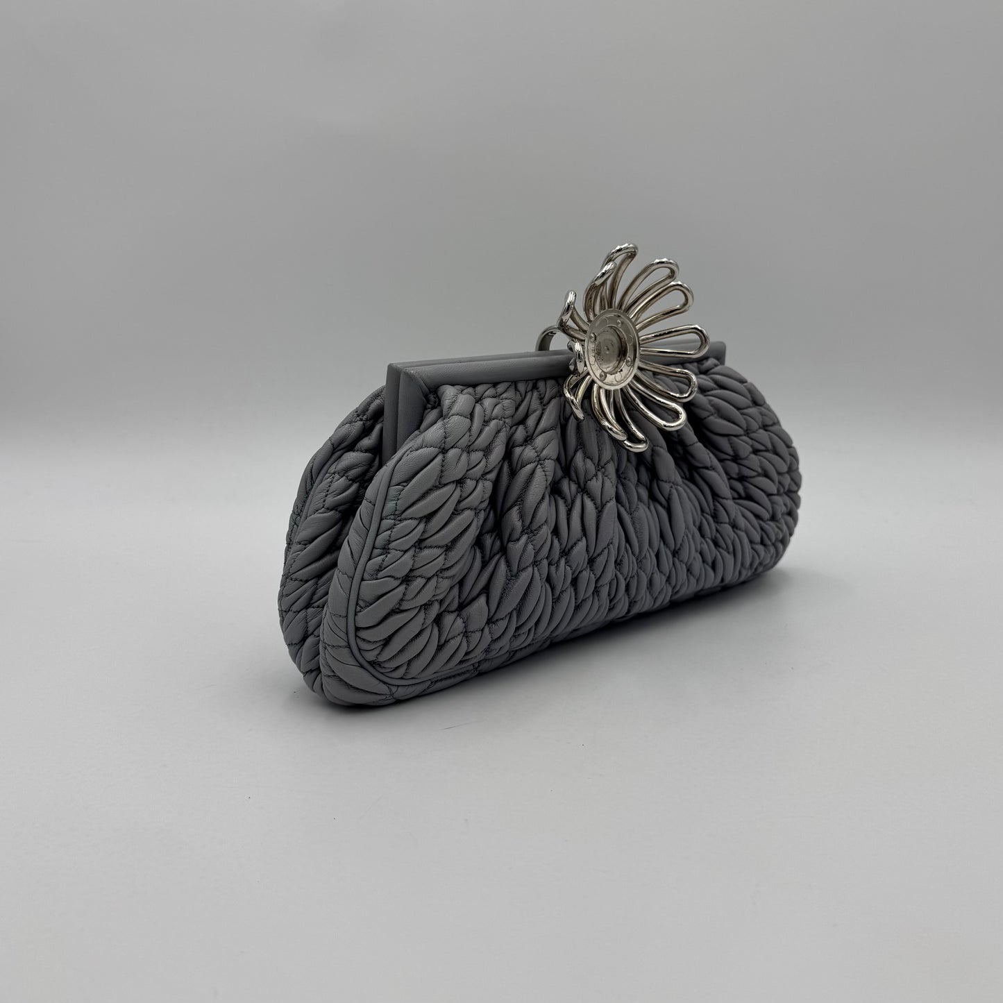 Miu Miu Gray Matelasse Leather Metal Flower Clasp Clutch