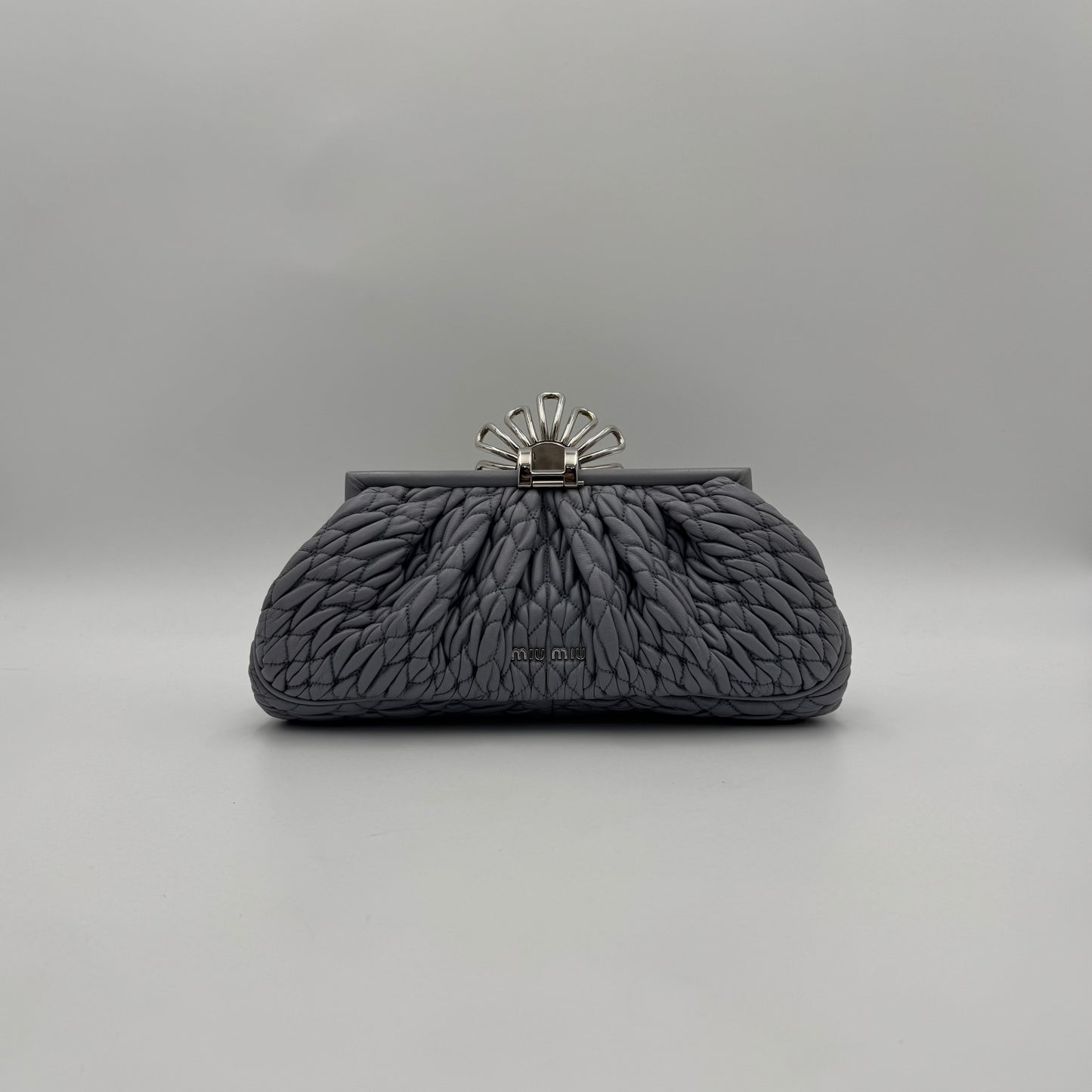 Miu Miu Gray Matelasse Leather Metal Flower Clasp Clutch