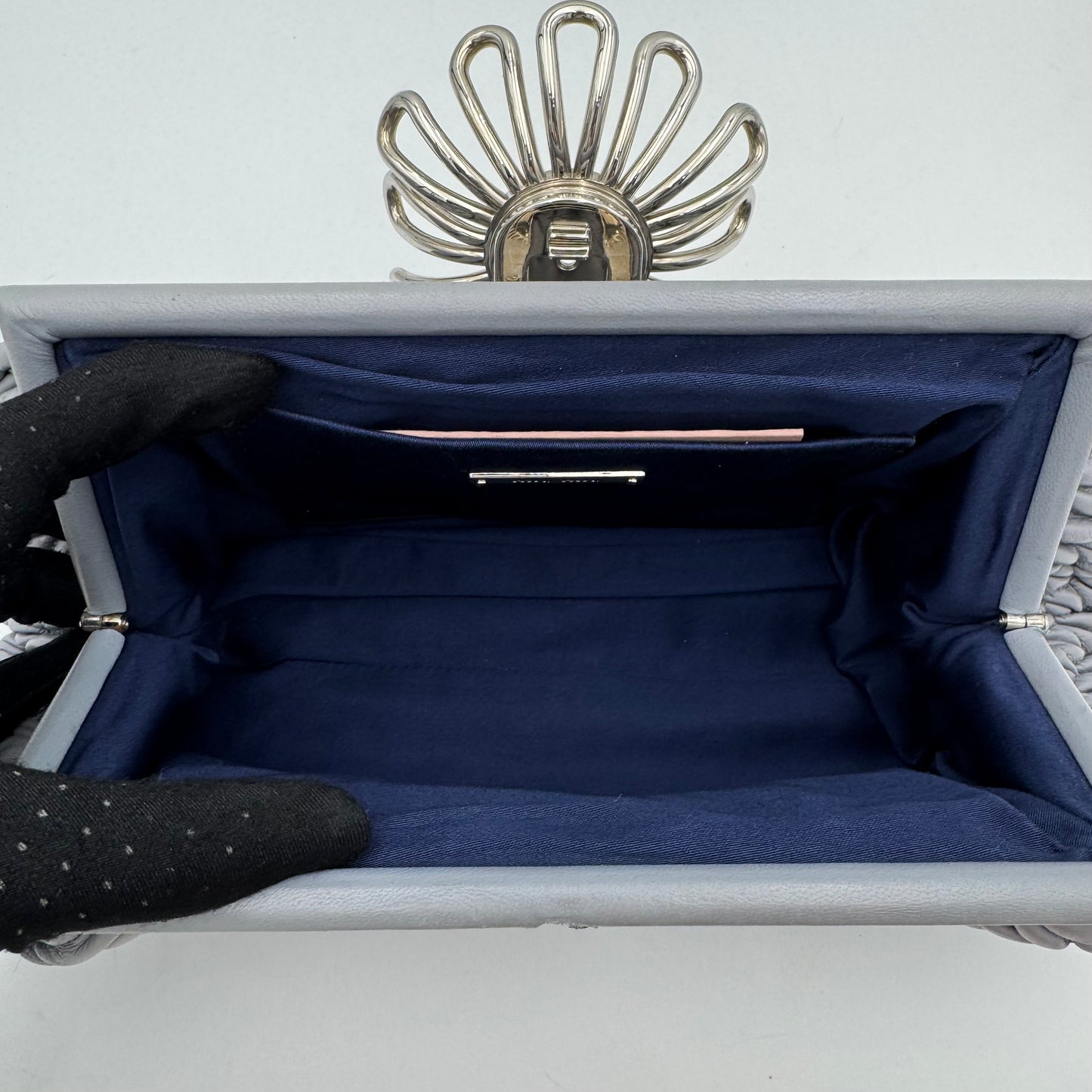 Miu Miu Gray Matelasse Leather Metal Flower Clasp Clutch