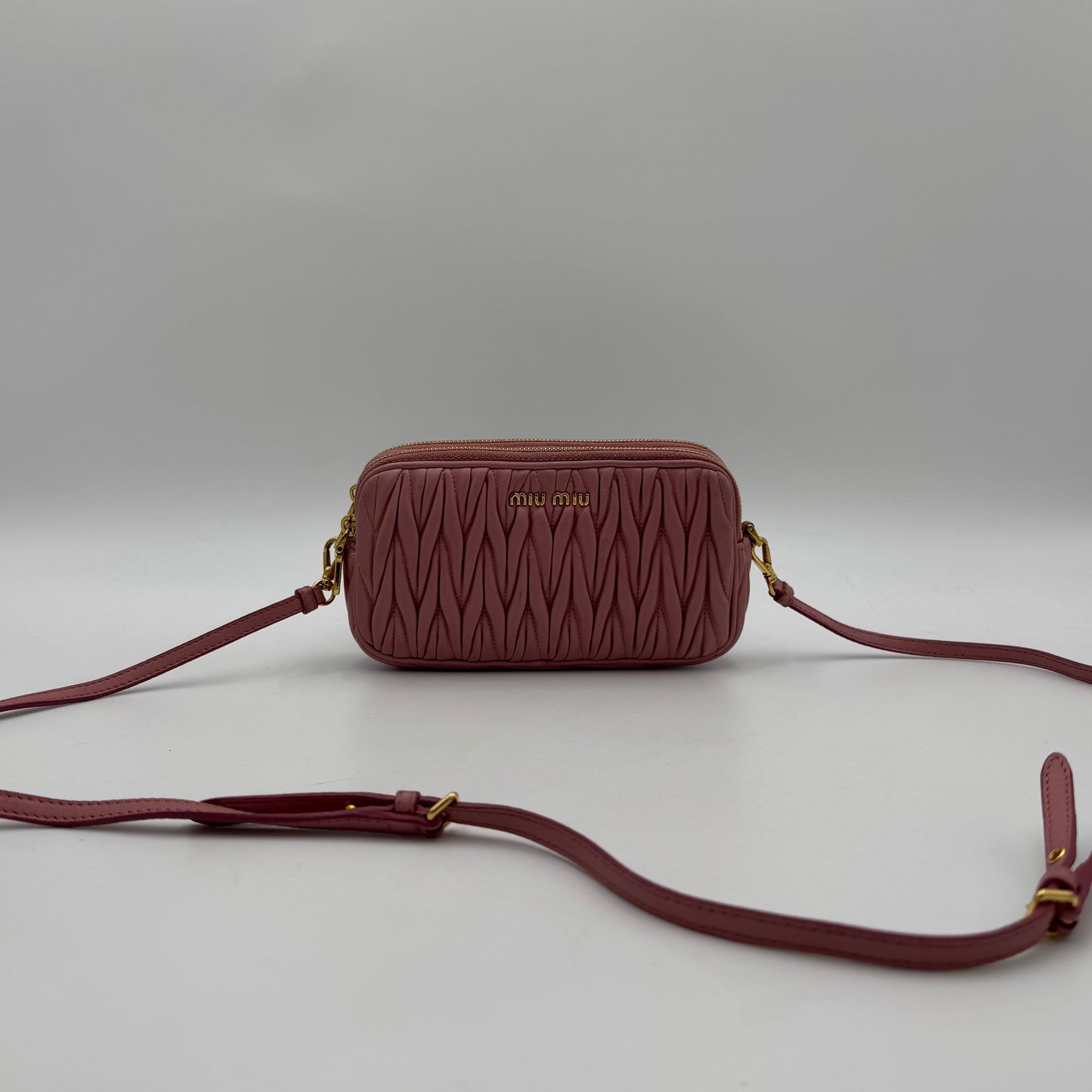 Miu Miu Pink Matelasse Leather Double Zip Crossbody GHW