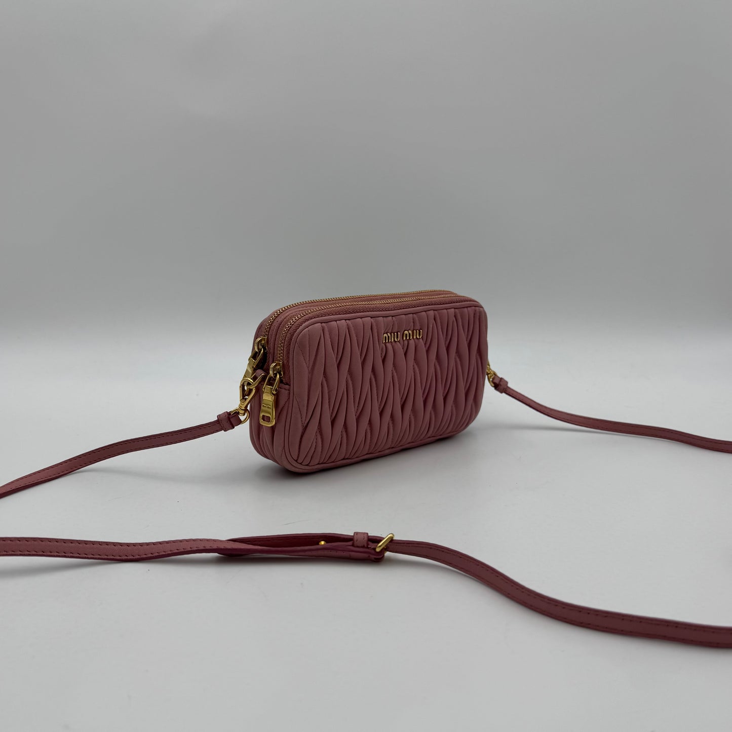Miu Miu Pink Matelasse Leather Double Zip Crossbody GHW