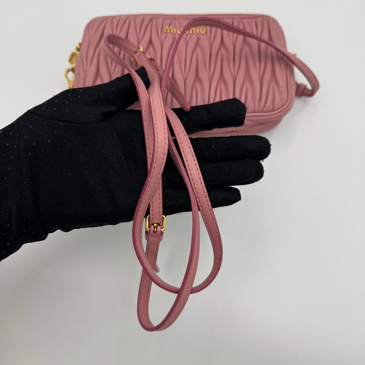 Miu Miu Pink Matelasse Leather Double Zip Crossbody GHW