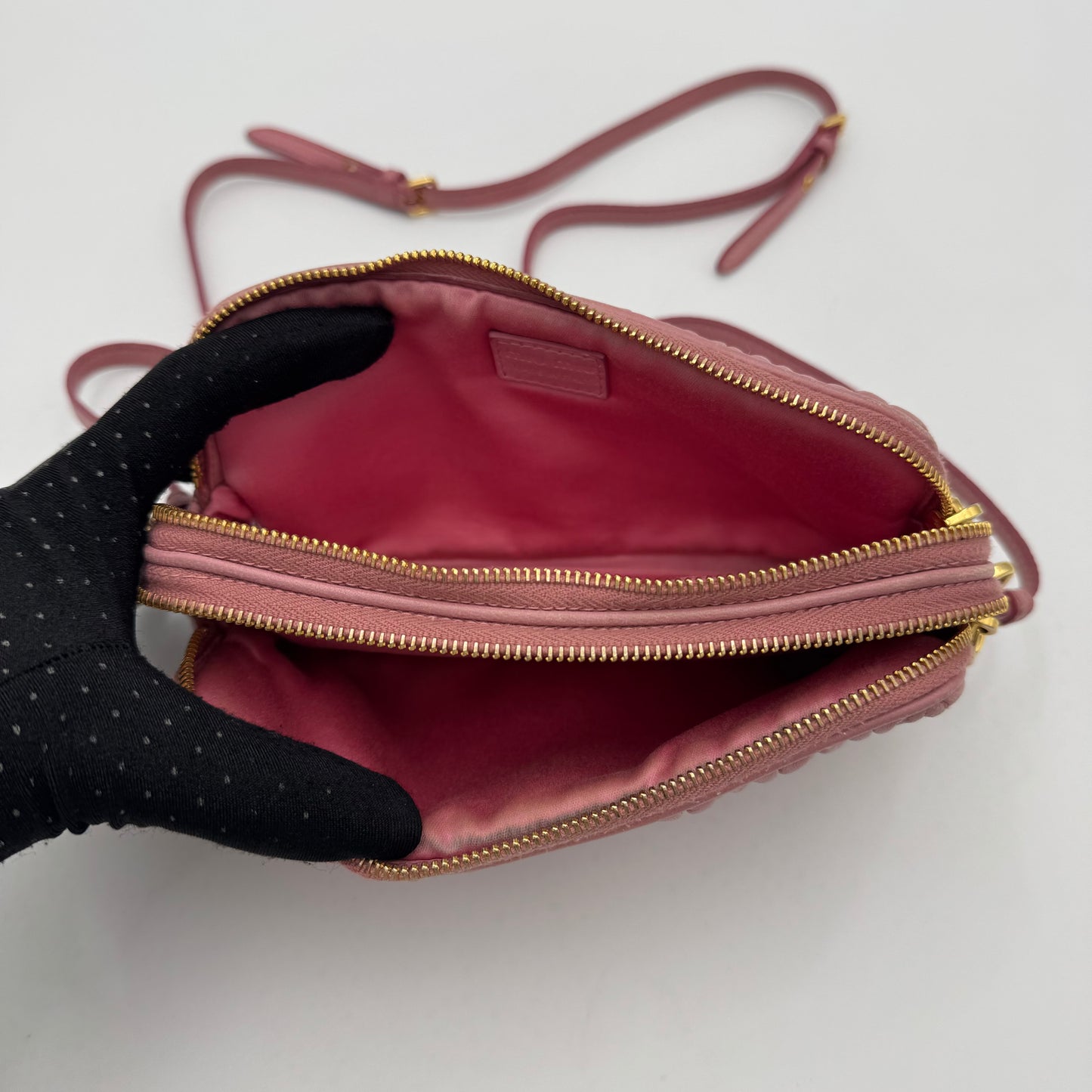 Miu Miu Pink Matelasse Leather Double Zip Crossbody GHW
