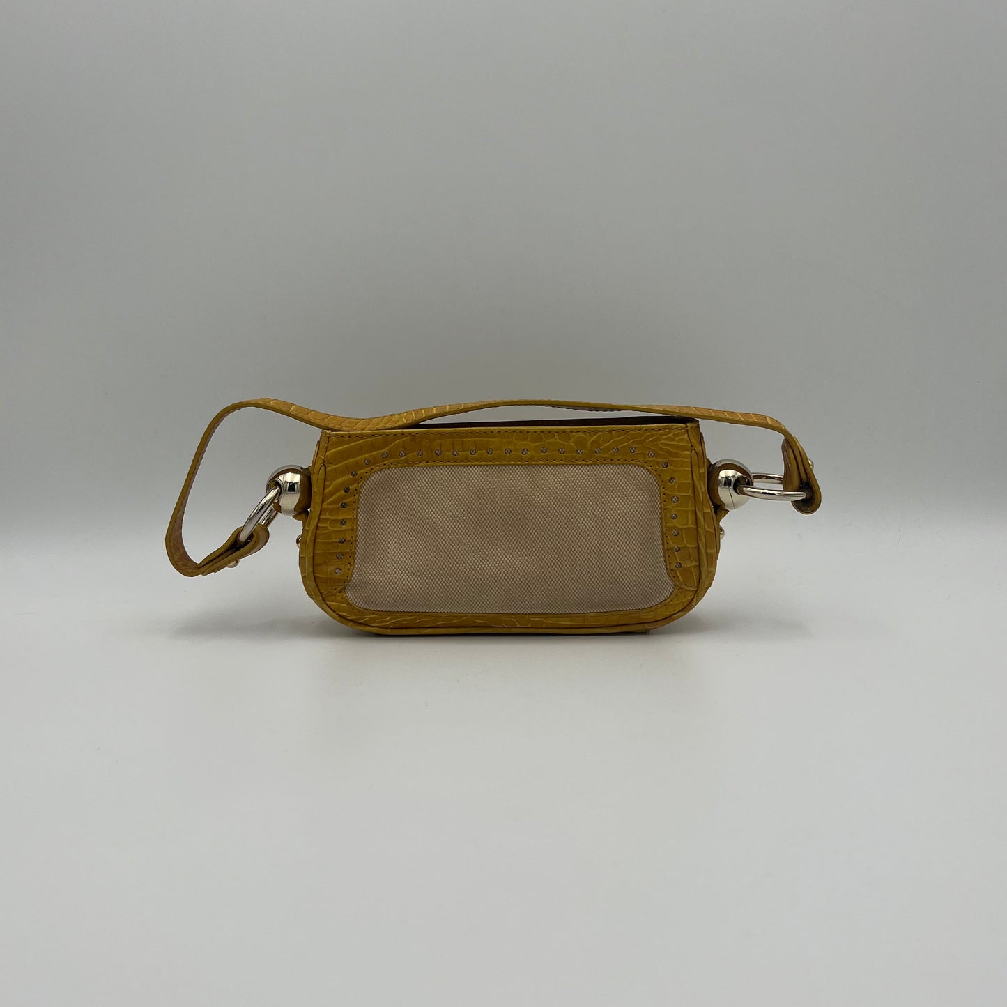 Celine Paris Yellow Croc Embossed Leather and Beige Canvas Pochette