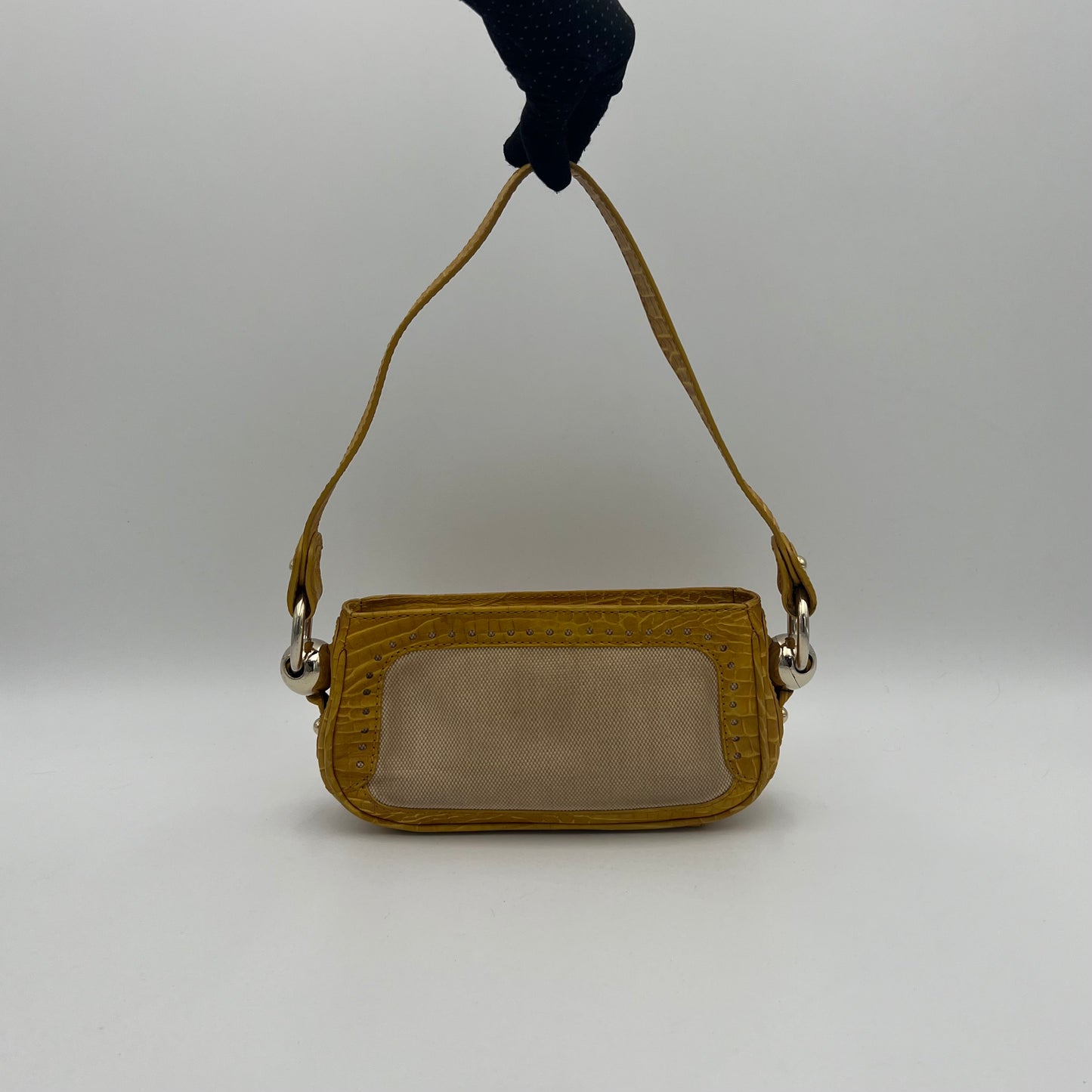 Celine Paris Yellow Croc Embossed Leather and Beige Canvas Pochette