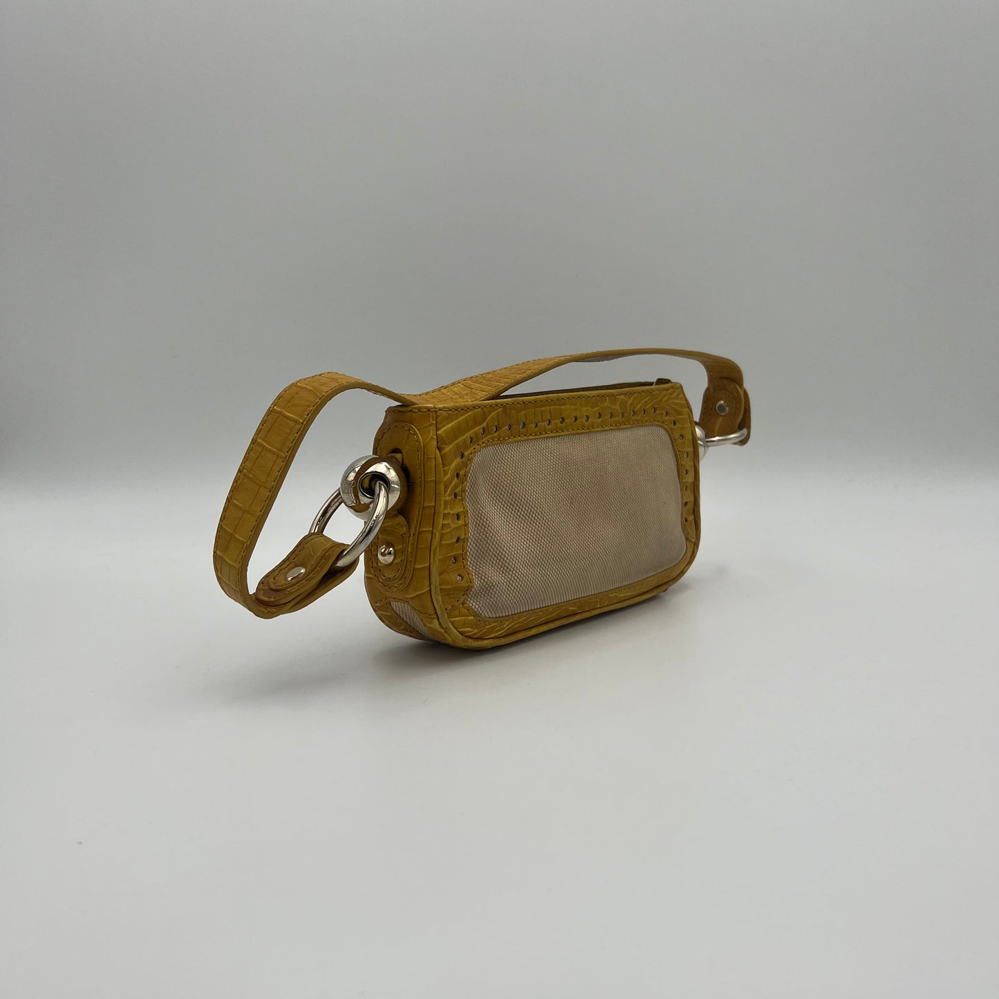 Celine Paris Yellow Croc Embossed Leather and Beige Canvas Pochette