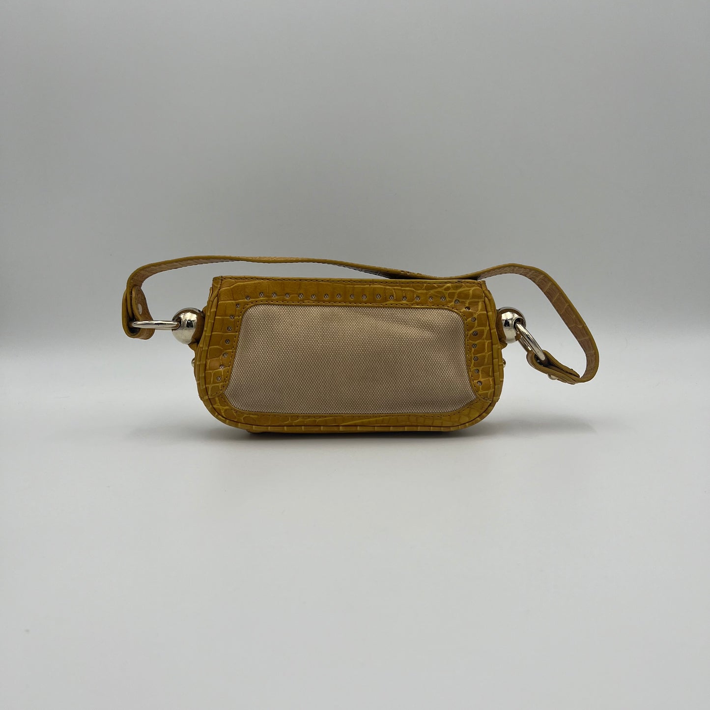 Celine Paris Yellow Croc Embossed Leather and Beige Canvas Pochette