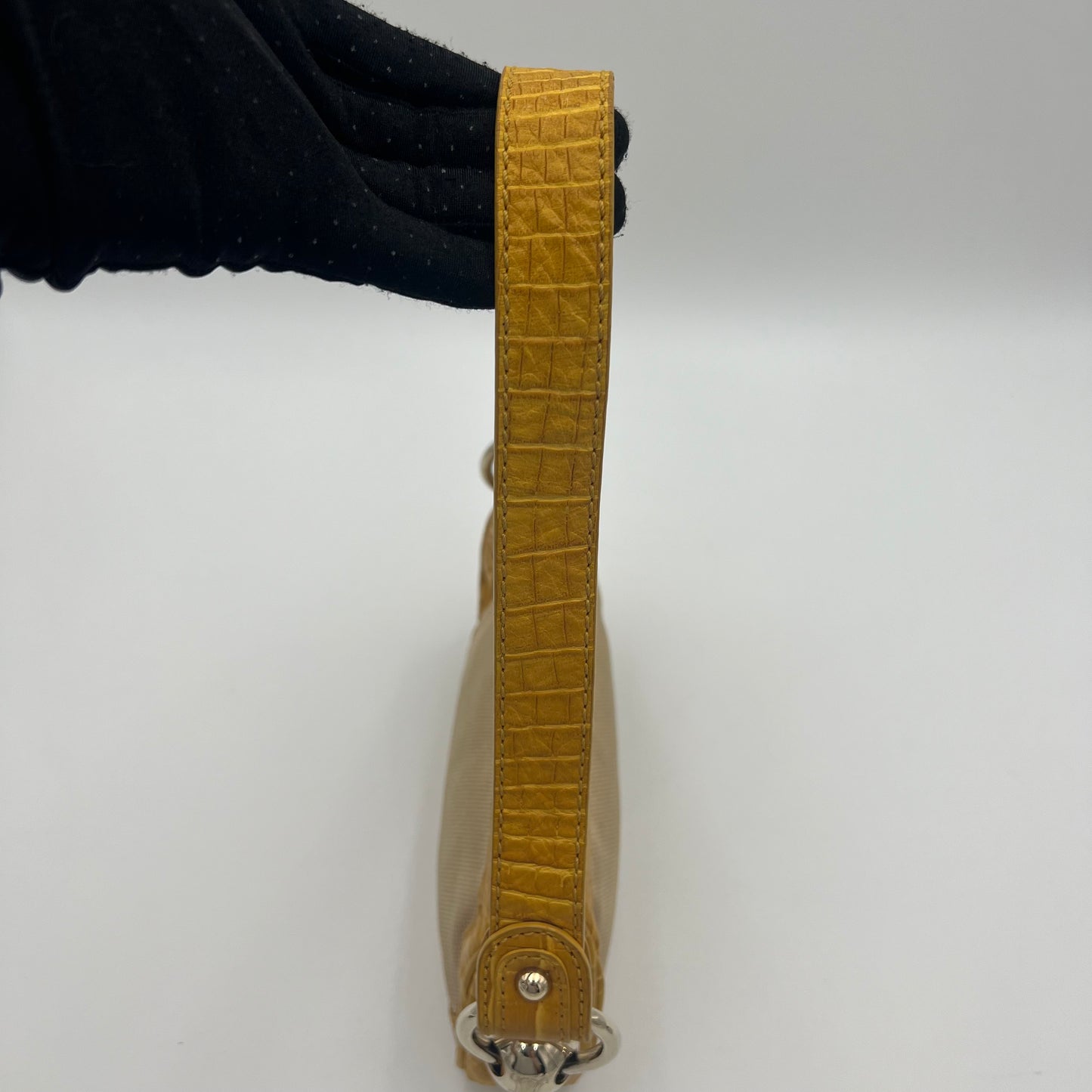 Celine Paris Yellow Croc Embossed Leather and Beige Canvas Pochette