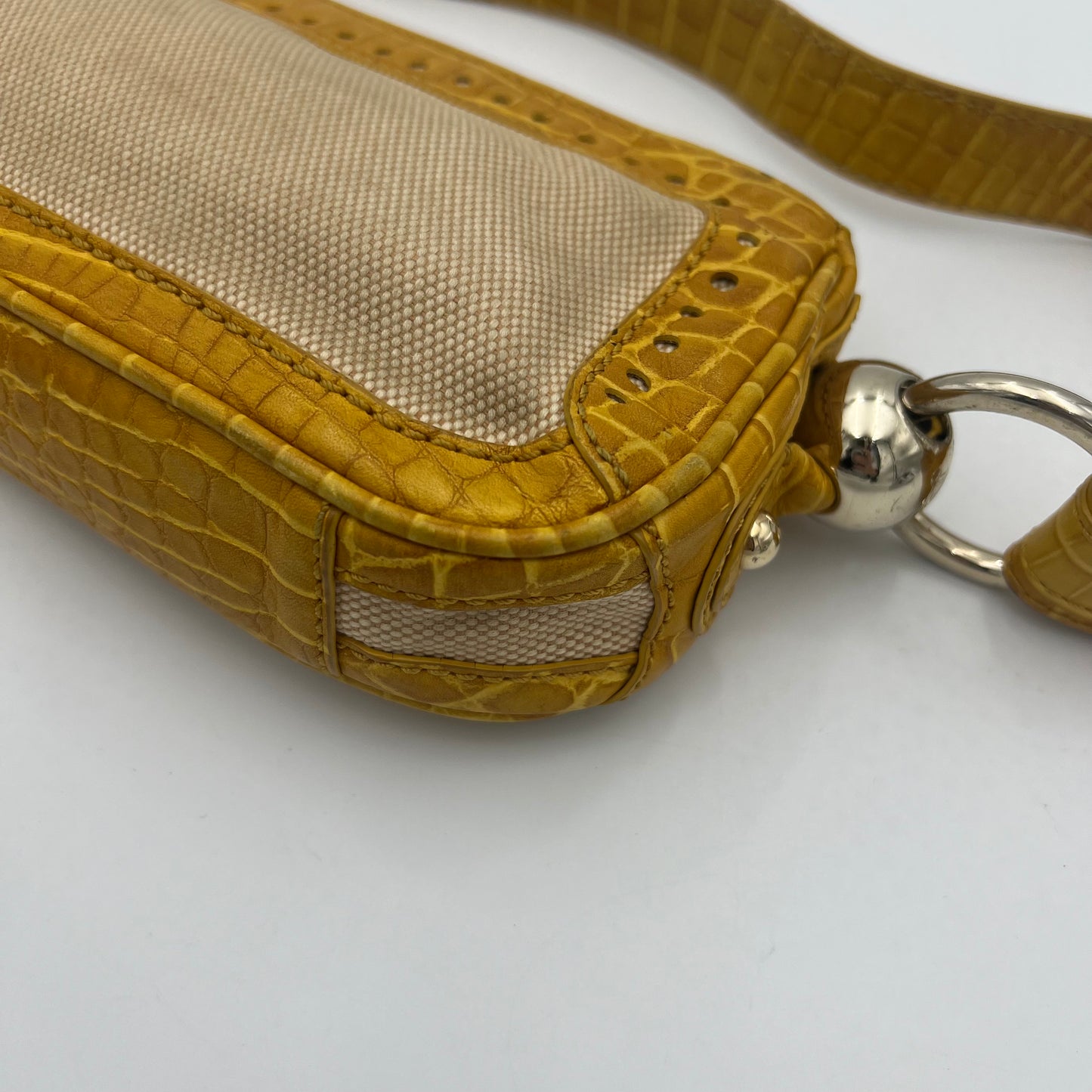 Celine Paris Yellow Croc Embossed Leather and Beige Canvas Pochette