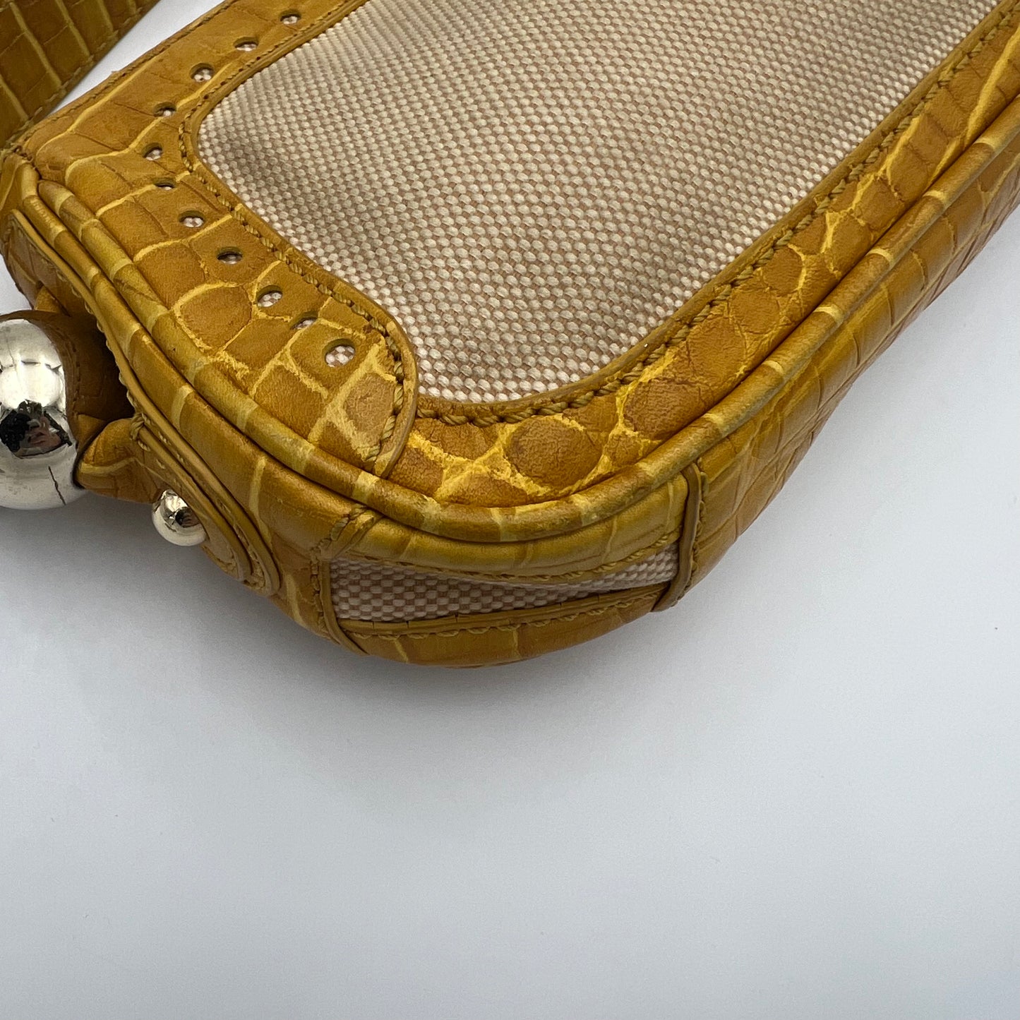 Celine Paris Yellow Croc Embossed Leather and Beige Canvas Pochette