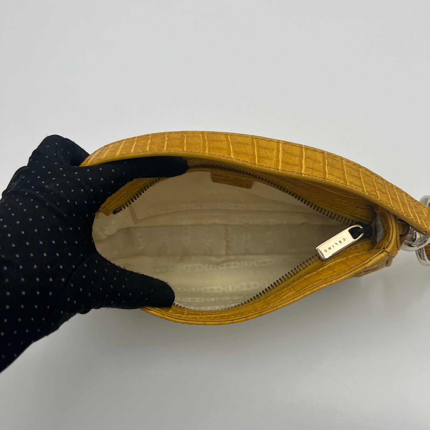 Celine Paris Yellow Croc Embossed Leather and Beige Canvas Pochette