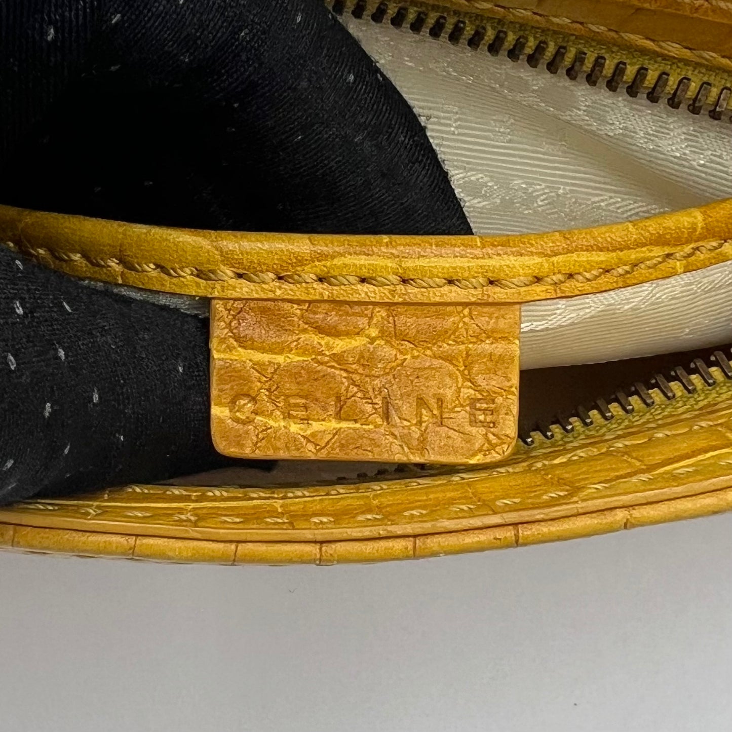 Celine Paris Yellow Croc Embossed Leather and Beige Canvas Pochette