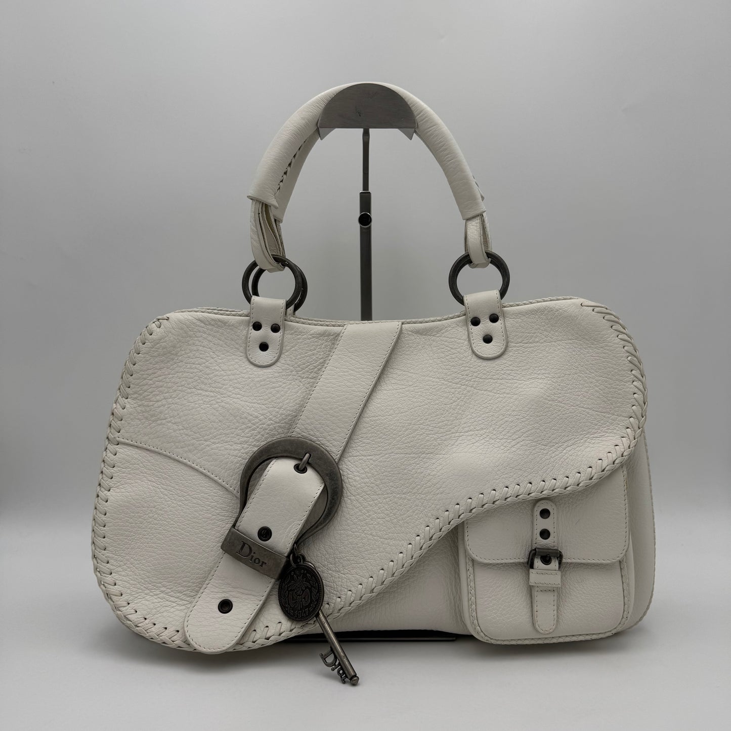 Christian Dior White Leather Whipstitch Gaucho Double Saddle Shoulder Bag