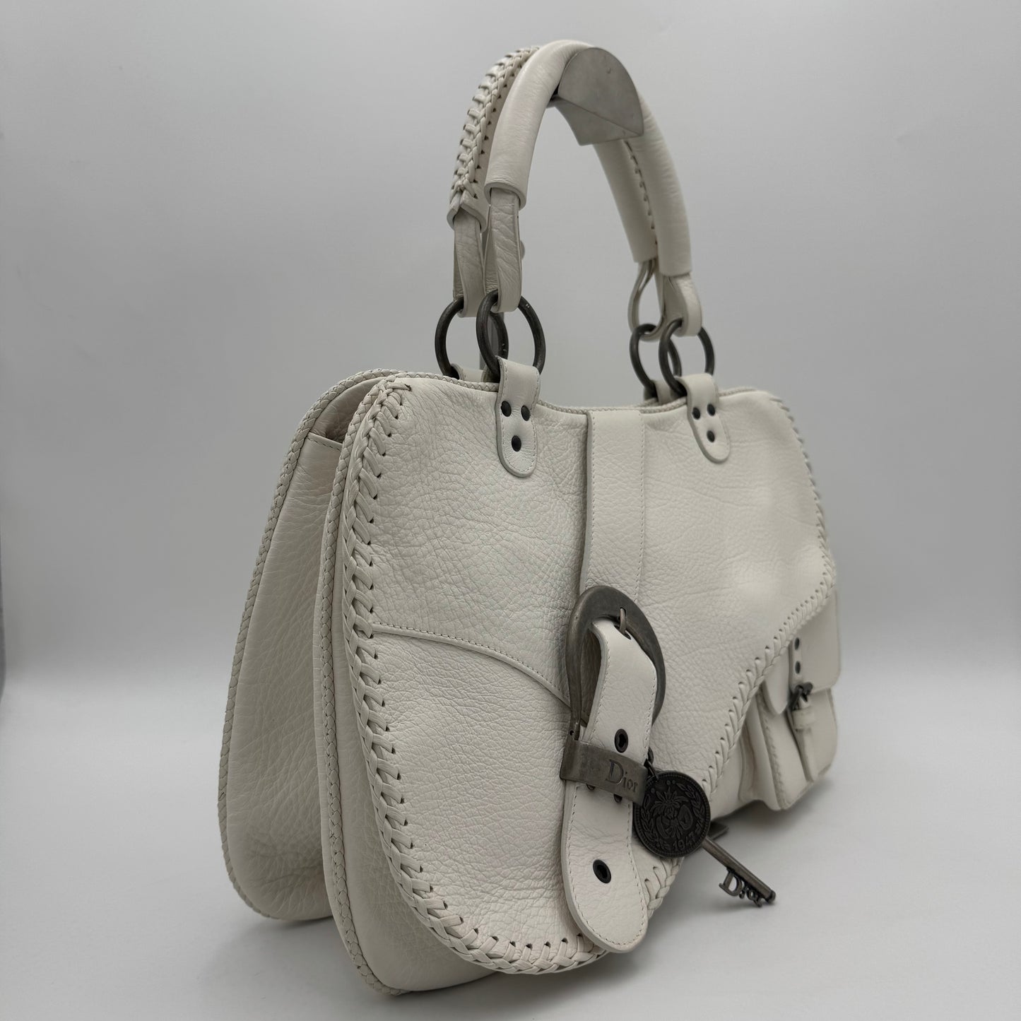 Christian Dior White Leather Whipstitch Gaucho Double Saddle Shoulder Bag