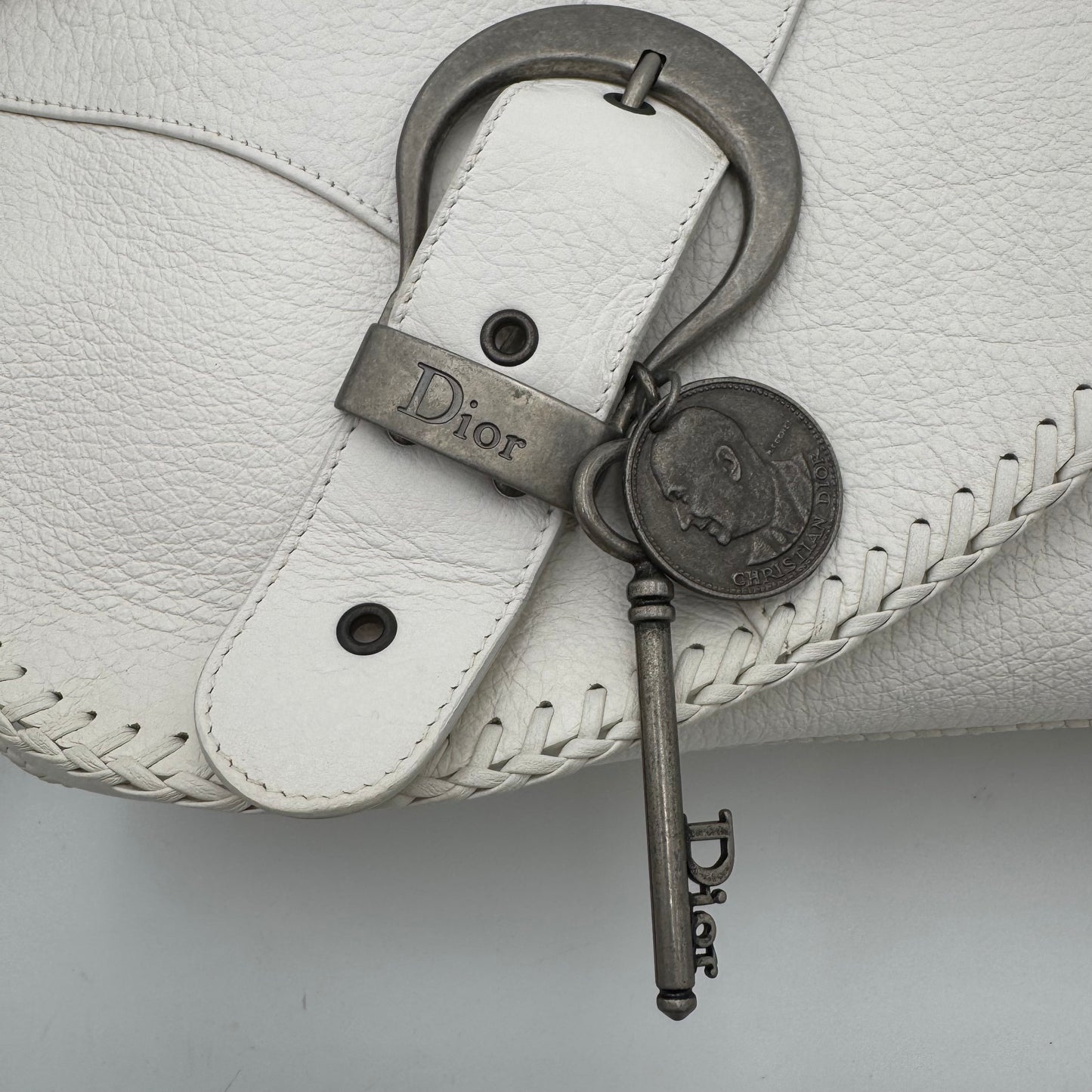 Christian Dior White Leather Whipstitch Gaucho Double Saddle Shoulder Bag