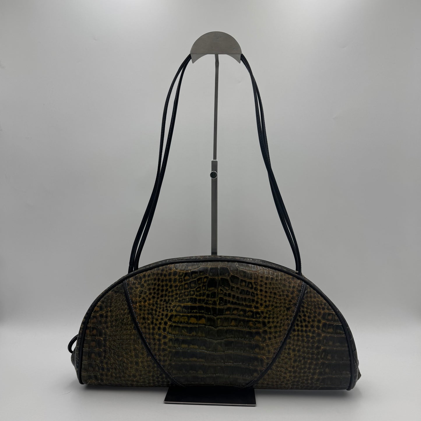 Christian Dior by John Galliano Olive Croc Embossed Patent Leather Half Moon Long Strap Shoulder Bag