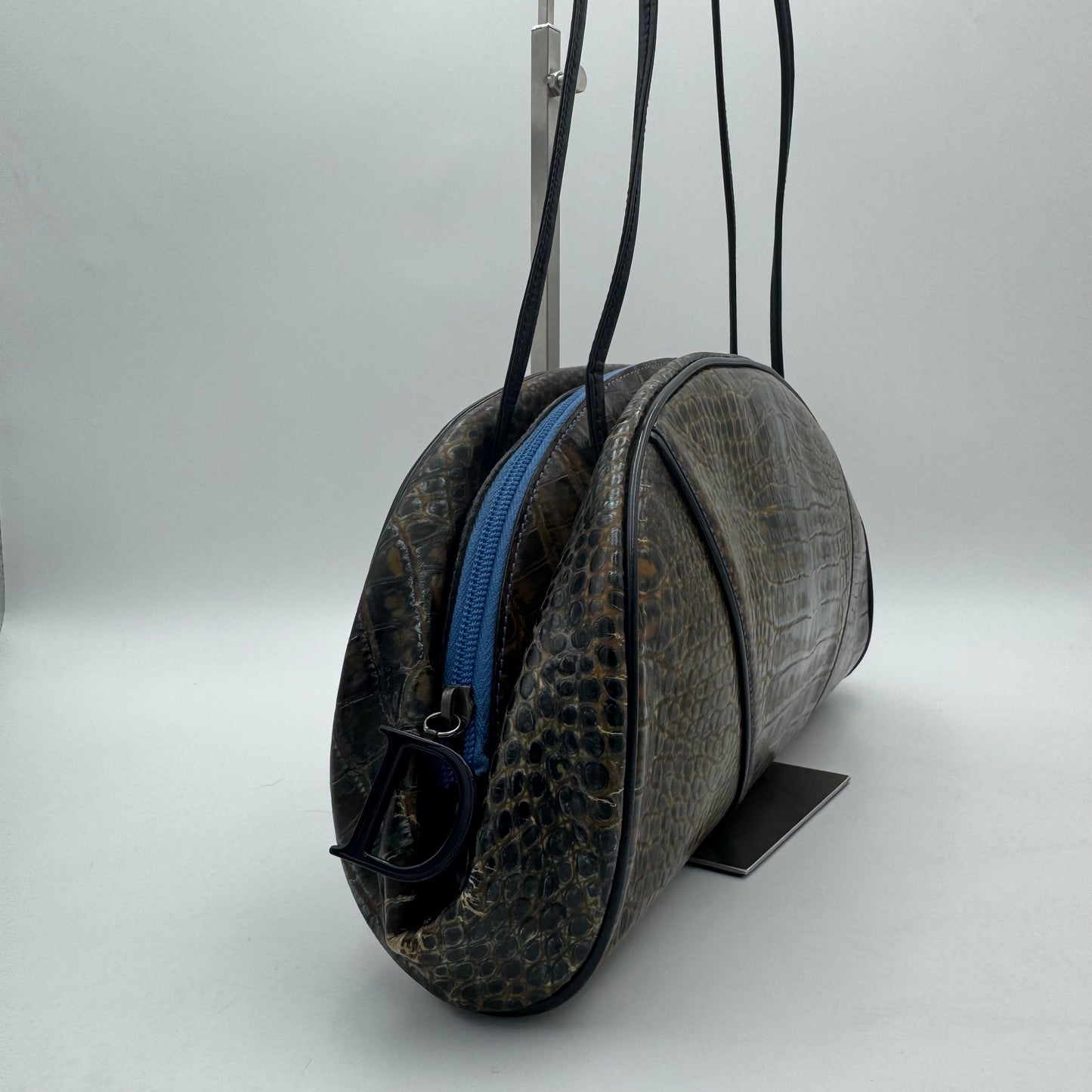 Christian Dior by John Galliano Olive Croc Embossed Patent Leather Half Moon Long Strap Shoulder Bag