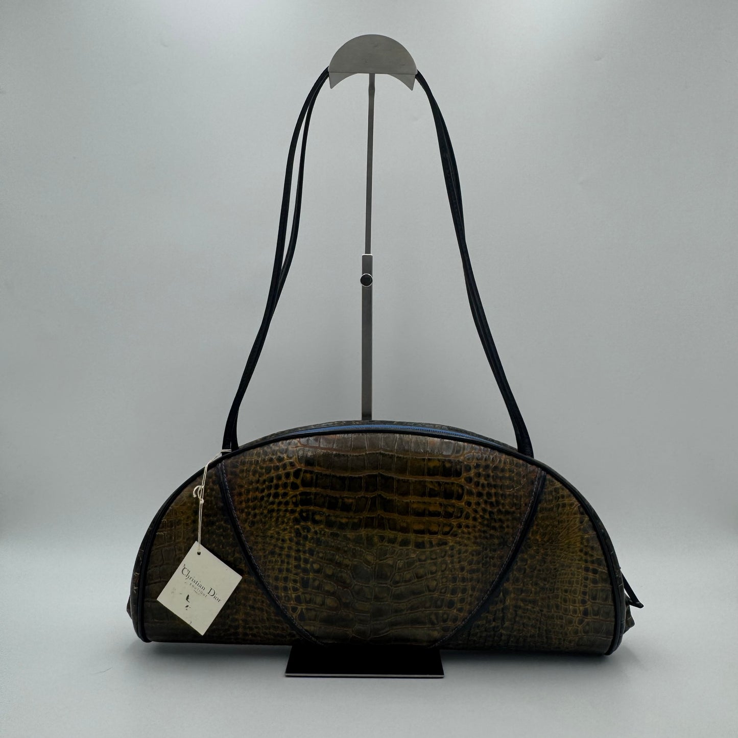 Christian Dior by John Galliano Olive Croc Embossed Patent Leather Half Moon Long Strap Shoulder Bag