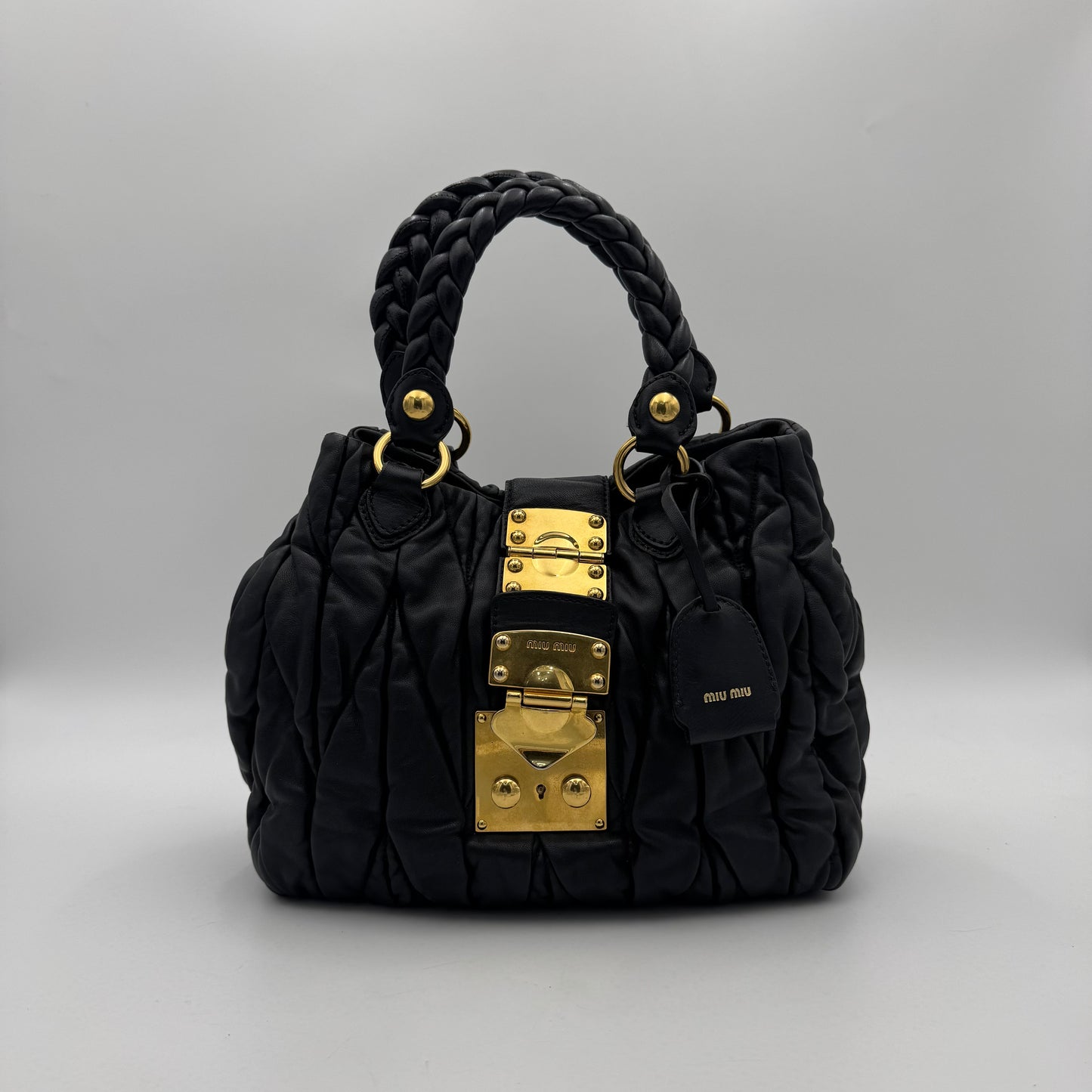 Miu Miu Black Matelasse Leather Braided Handle Handbag GHW